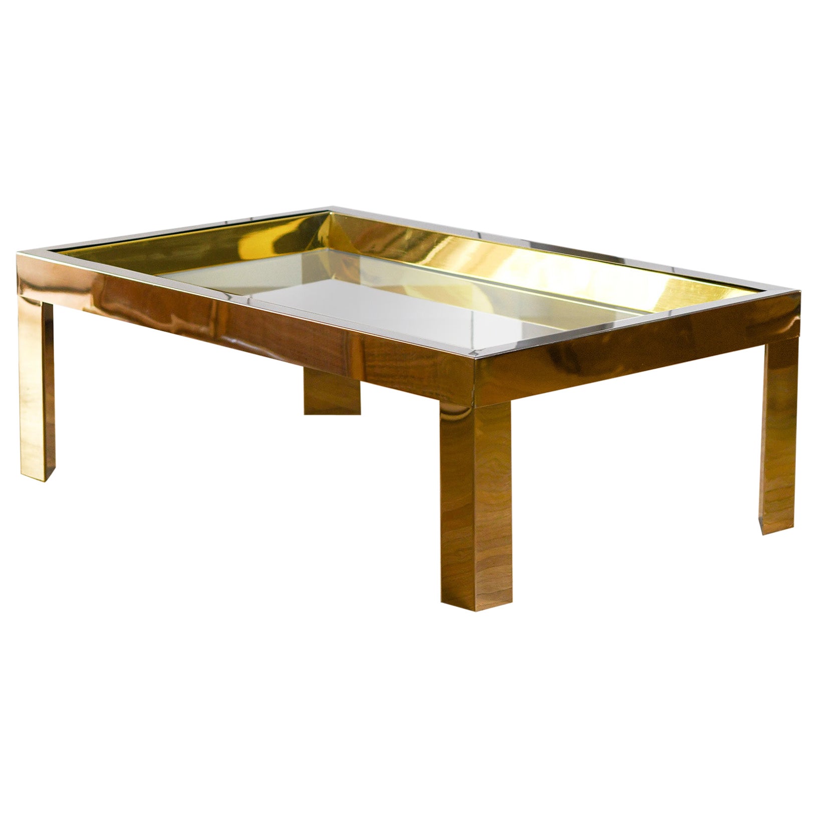 Coffee table in brass and chromed metal with glass top, Italy 1970 For Sale