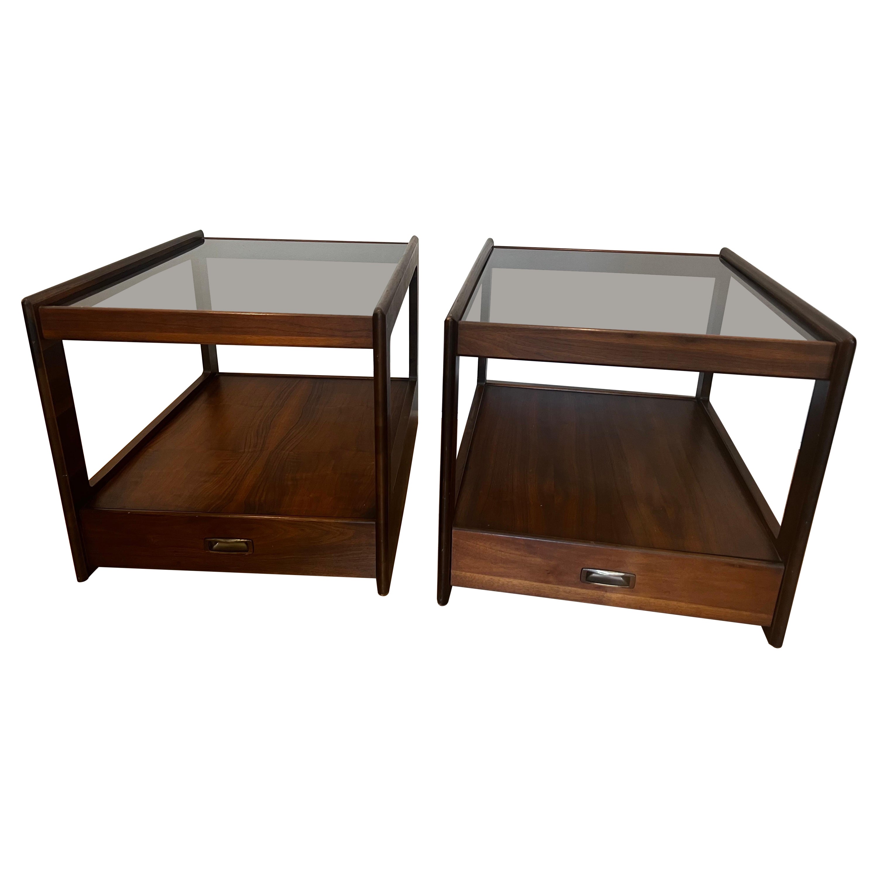 Pair of MCM Walnut and Smoked Glass Single Drawer End Tables/Nightstands  For Sale