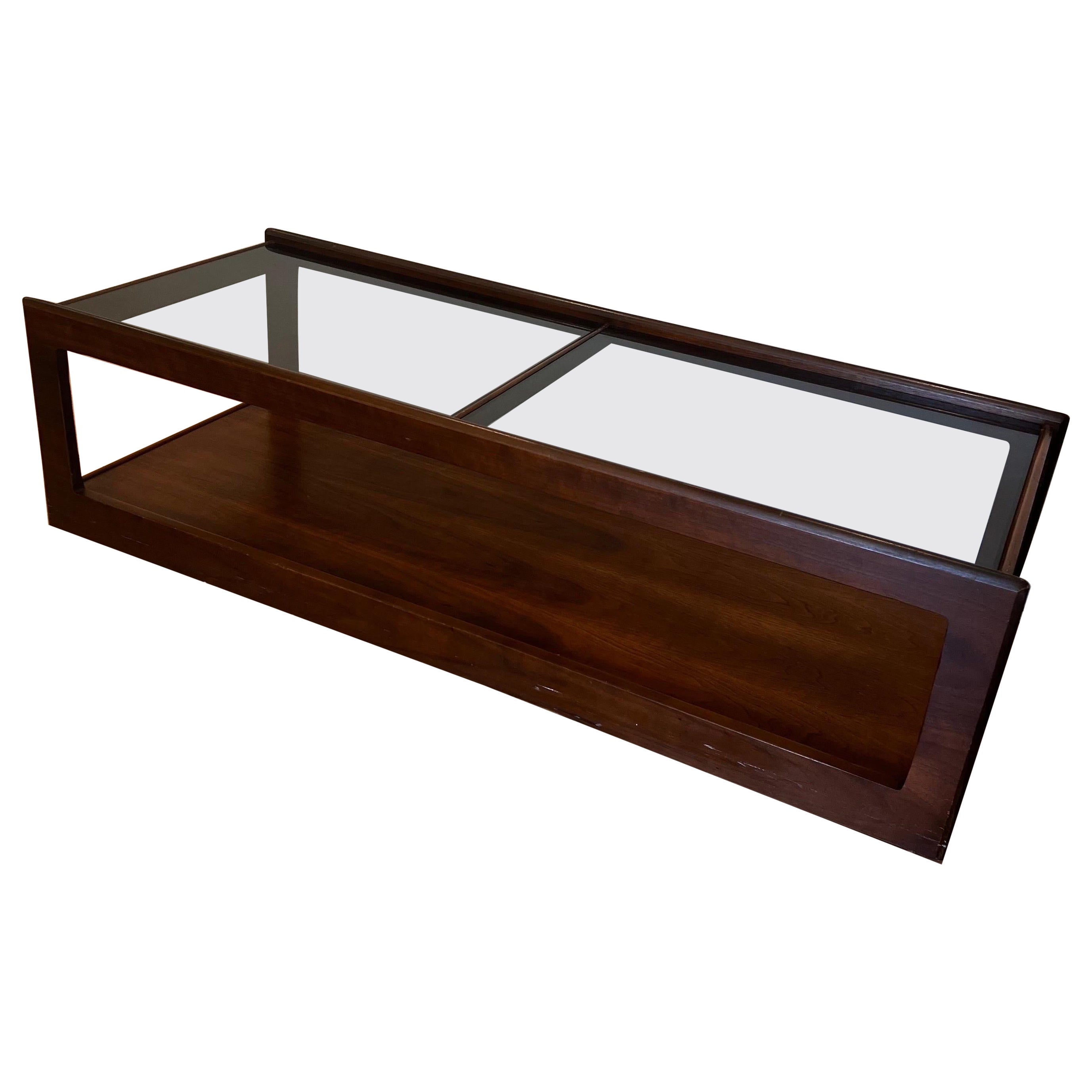 Mid Century Walnut and Smoked Glass Coffee Table - Style of John Keal For Sale
