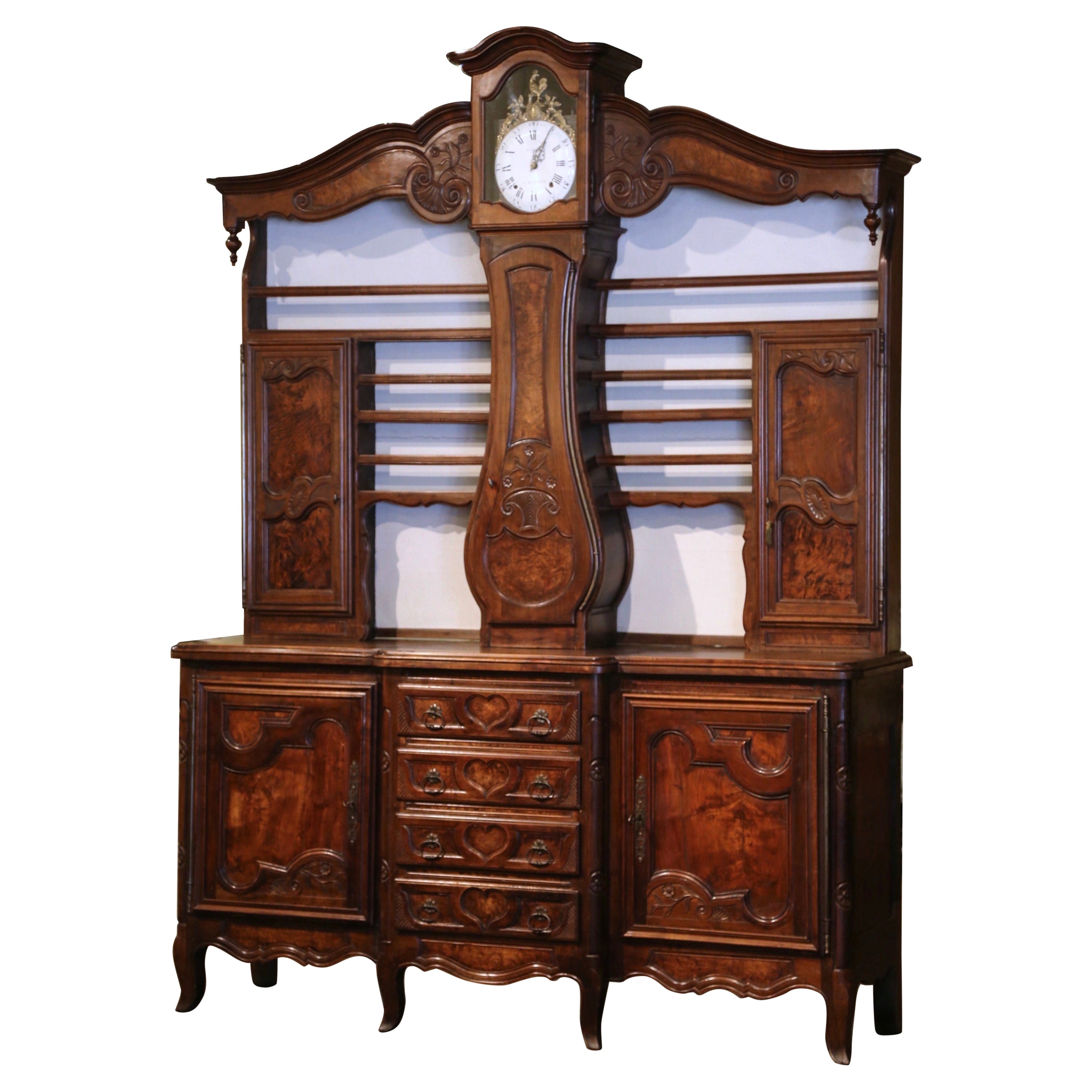 19th Century French Louis XV Carved Burl, Ash & Walnut Bressan Clock Vaisselier  For Sale
