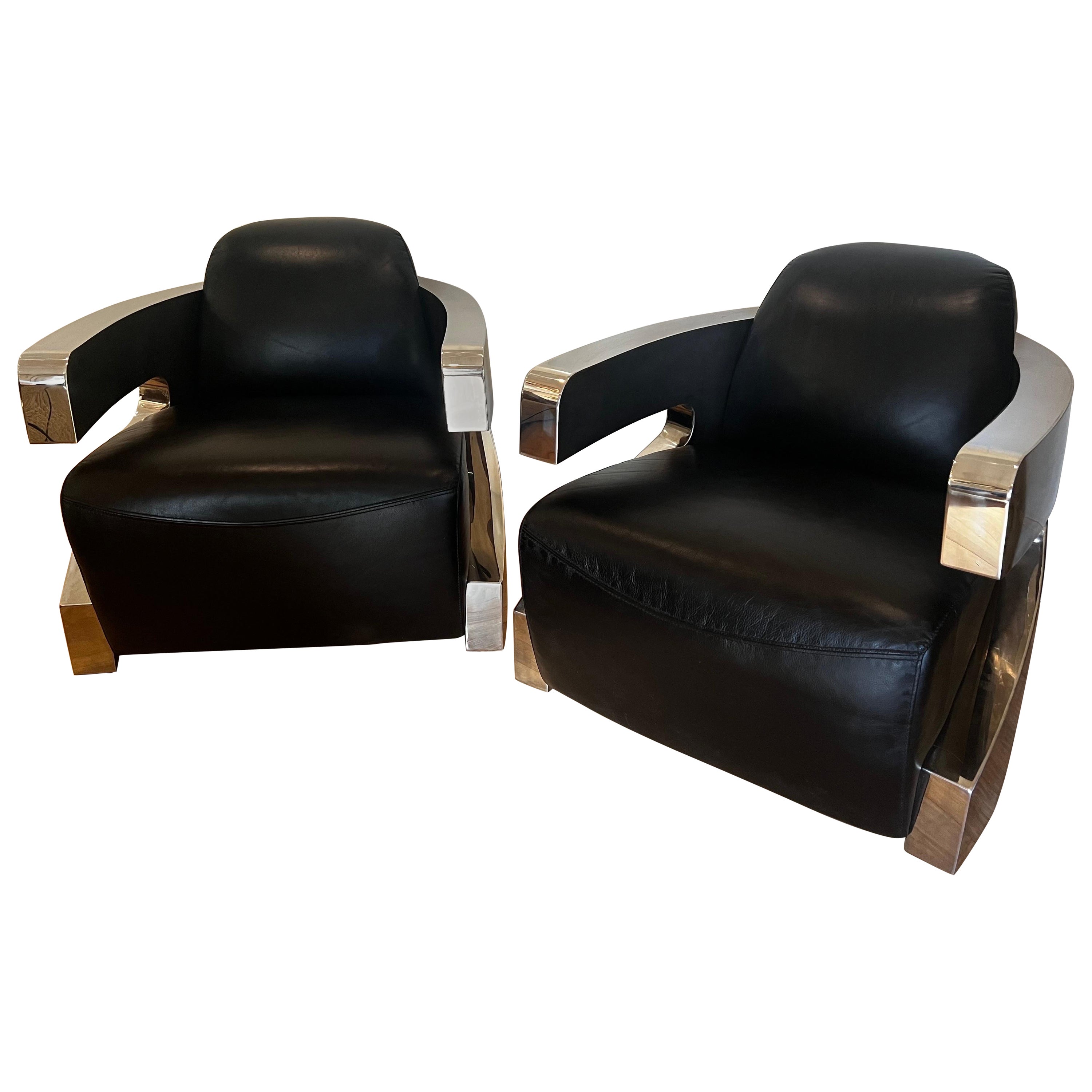 Pair of Art Deco Style Leather and Chrome/Aviator Lounge Chairs For Sale