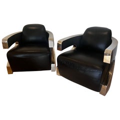 Pair of Art Deco Style Leather and Chrome/Aviator Lounge Chairs