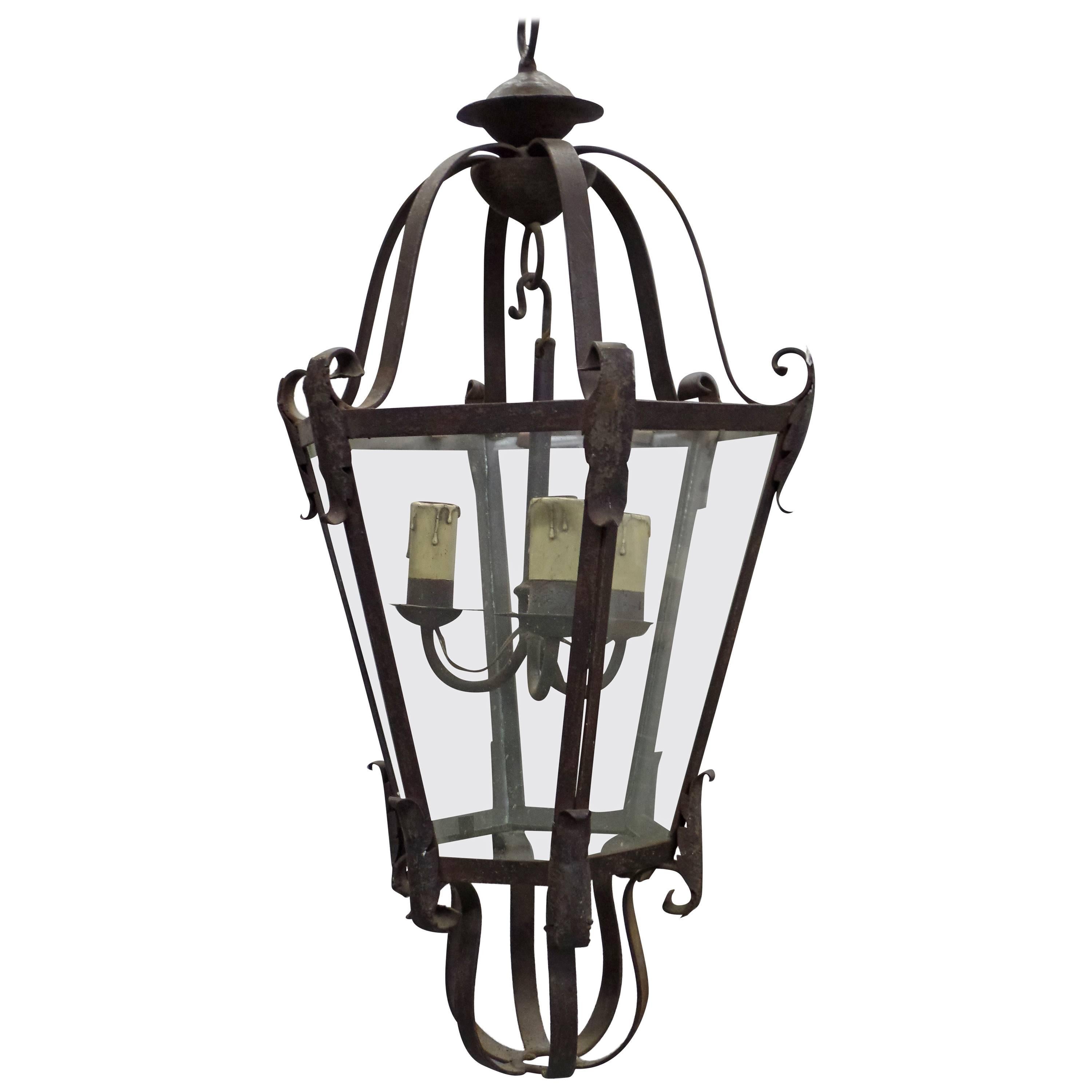 Large French Mid-Century Wrought Iron Lantern / Pendant / Chandelier, 1940 For Sale