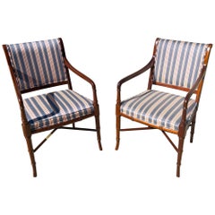 Vintage Faux Bamboo Regency Style Mahogany Armchairs - a Pair