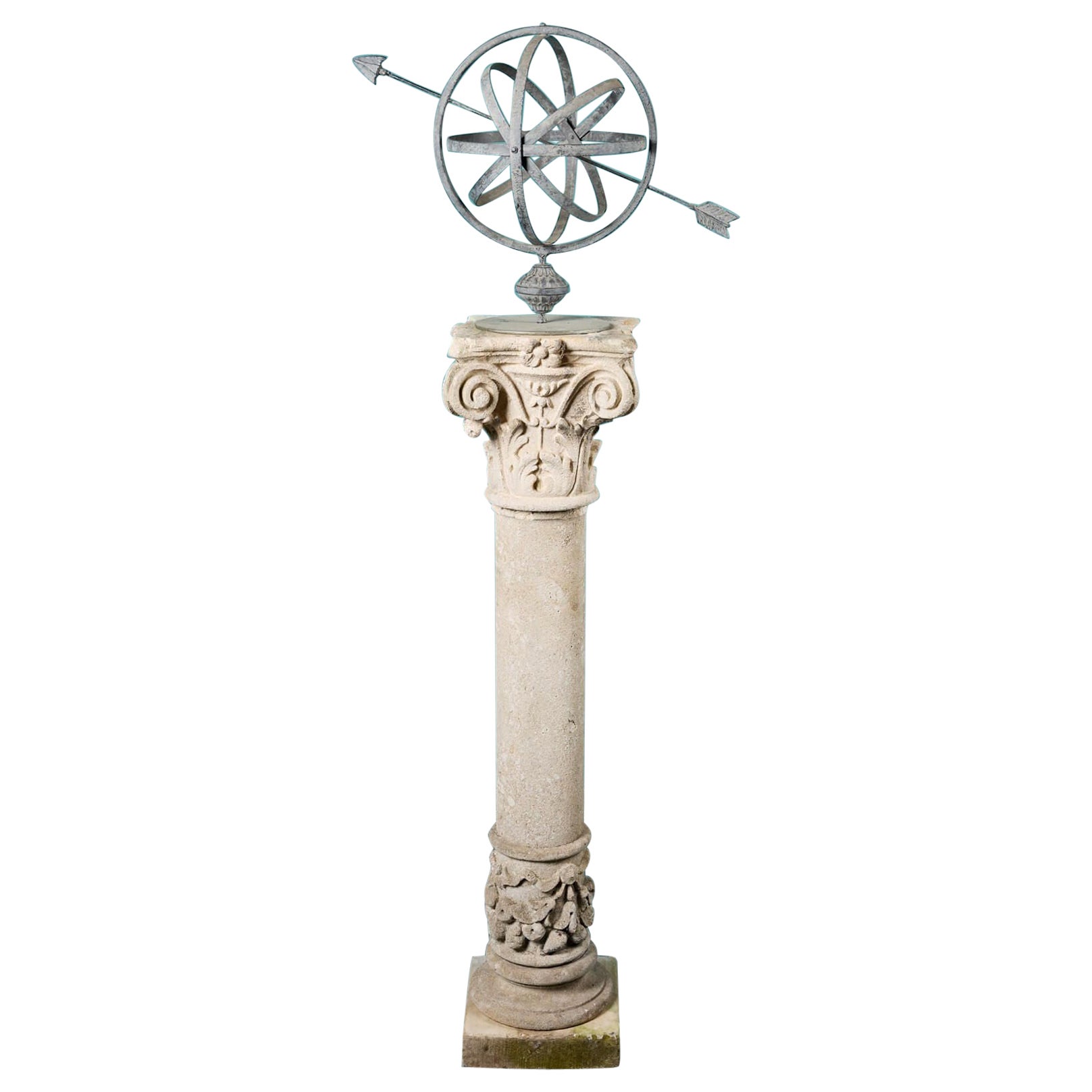 Reclaimed Armillary Sundial on Limestone Pedestal