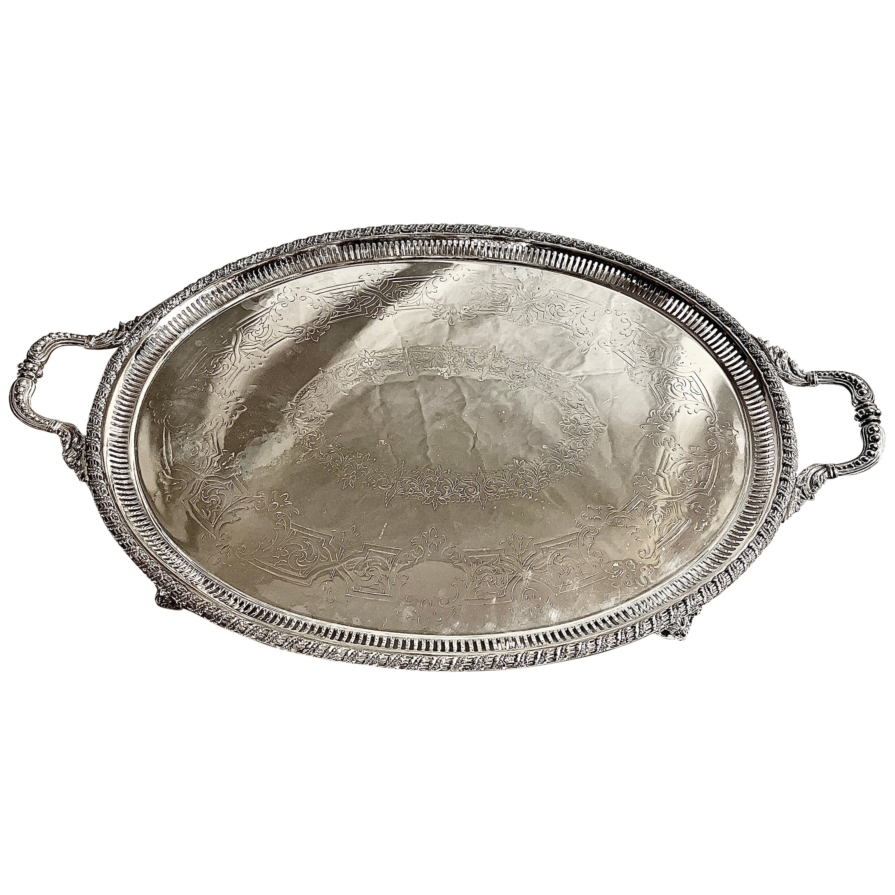Antique English Sheffield Silver Footed Tray with Openwork Edge, Circa 1890. For Sale