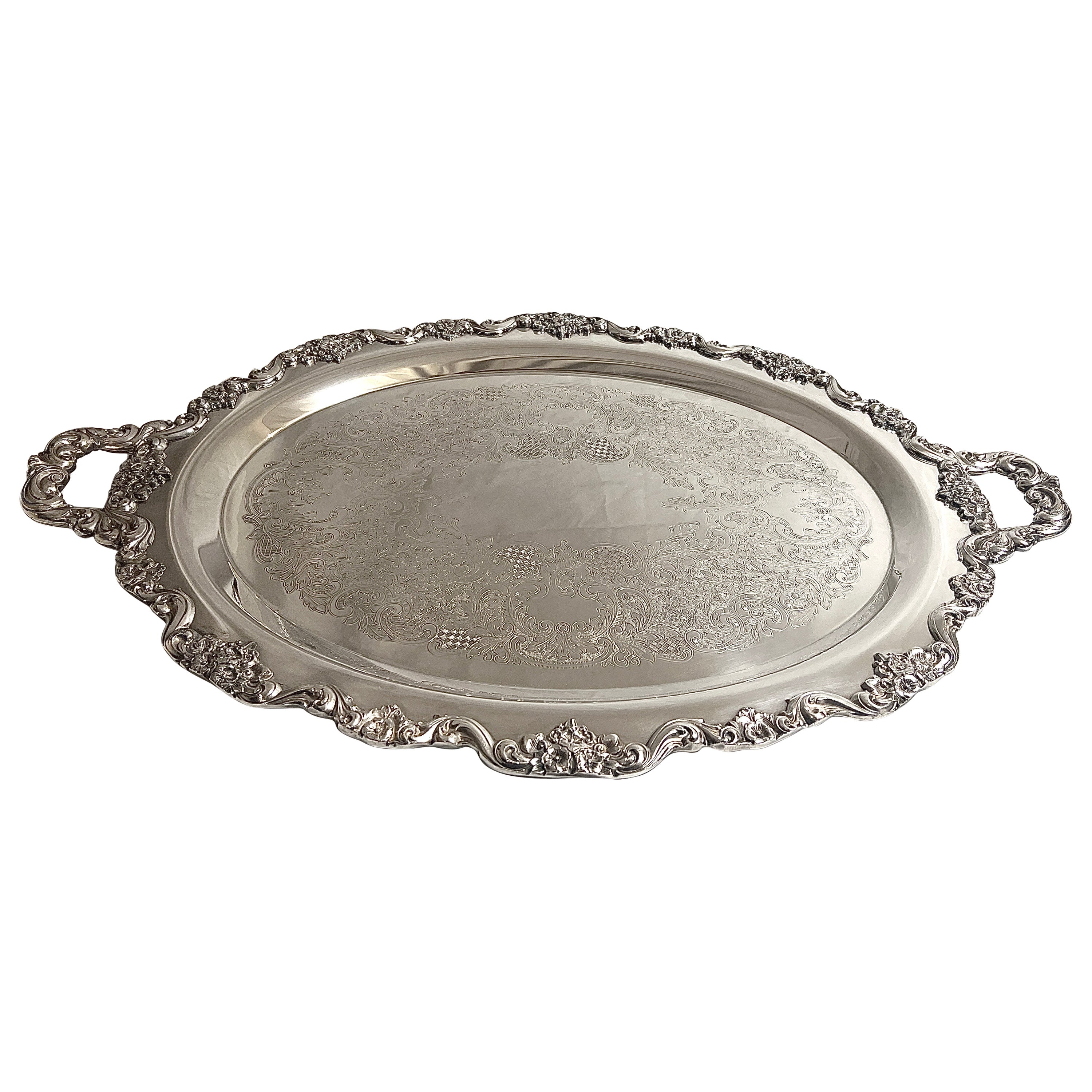 Antique English Sheffield Silver Footed Tray with Rose Border, Circa 1890. For Sale