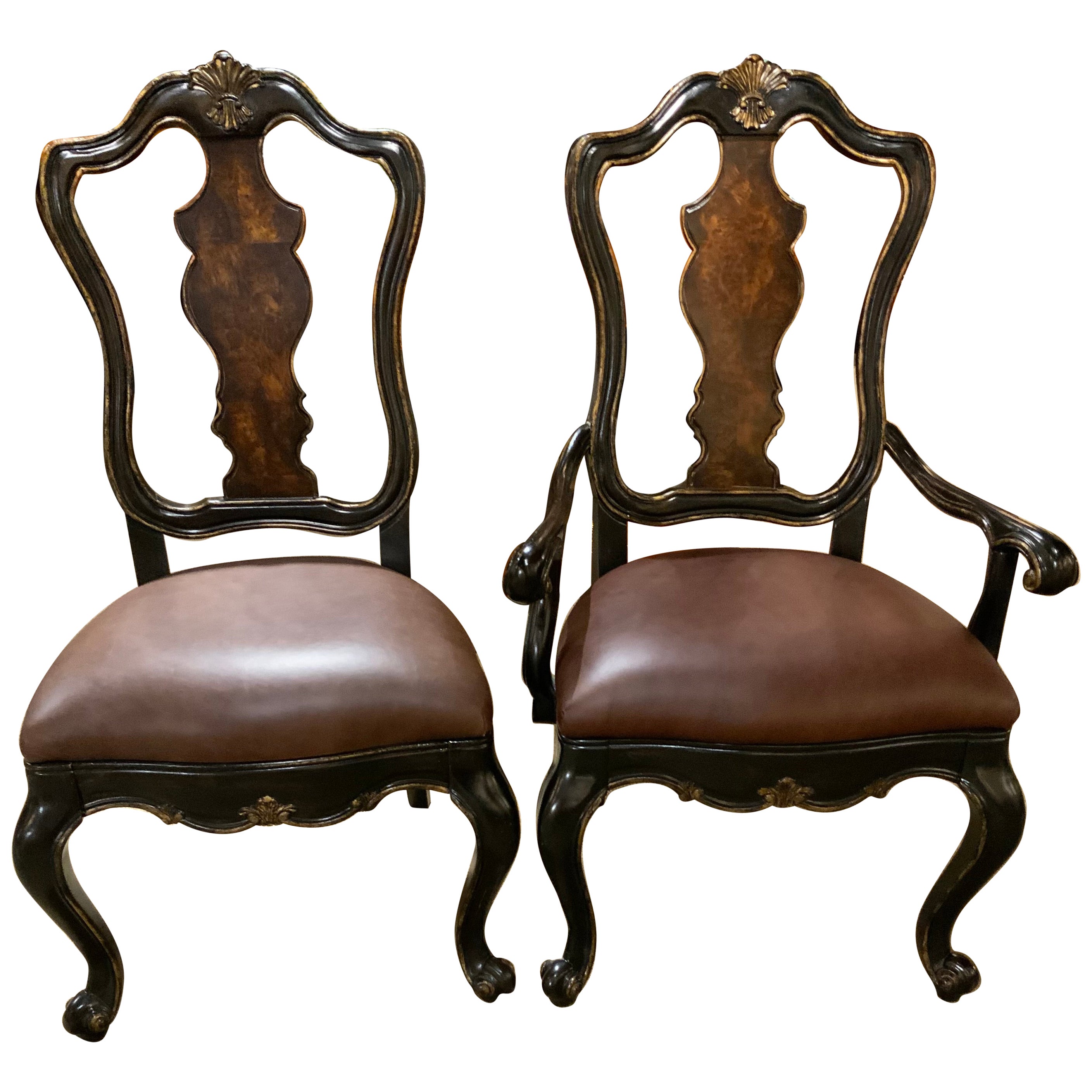Suite of eight Ebonized and Burl Wood Dining Chairs For Sale