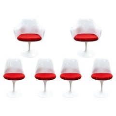 Vintage Knoll Saarinen Mid Century Modern White and Red Tulip Dining Chairs 2 Arm 4 Side