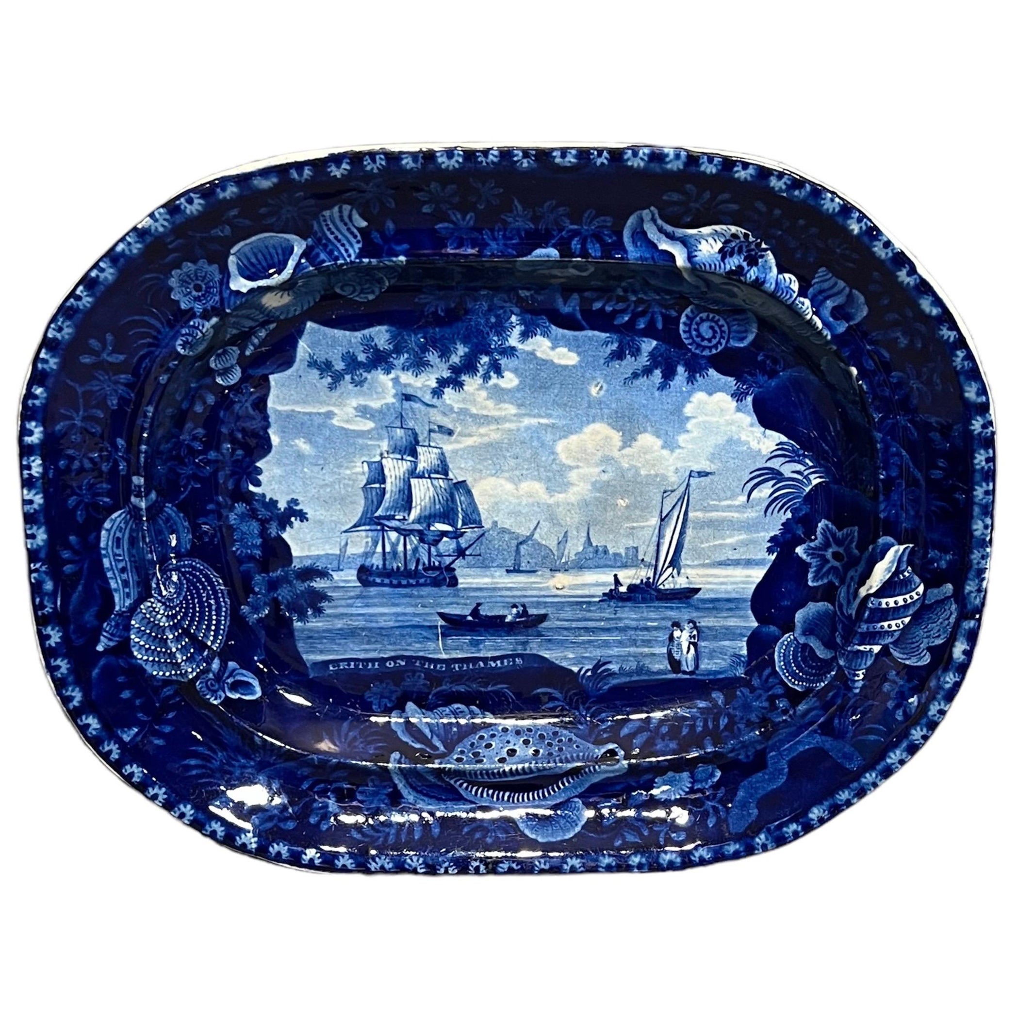 Staffordshire English View / Nautical Motif Transfer-Printed Ceramic Platter For Sale