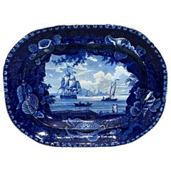 Antique Staffordshire English View / Nautical Motif Transfer-Printed Ceramic Platter