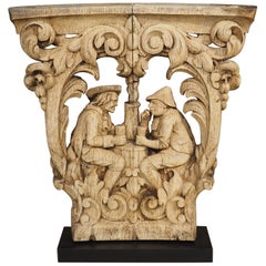 Antique Charming Flemish Washed Oak Capital, Two Men Drinking at a Barrel, Circa 1800