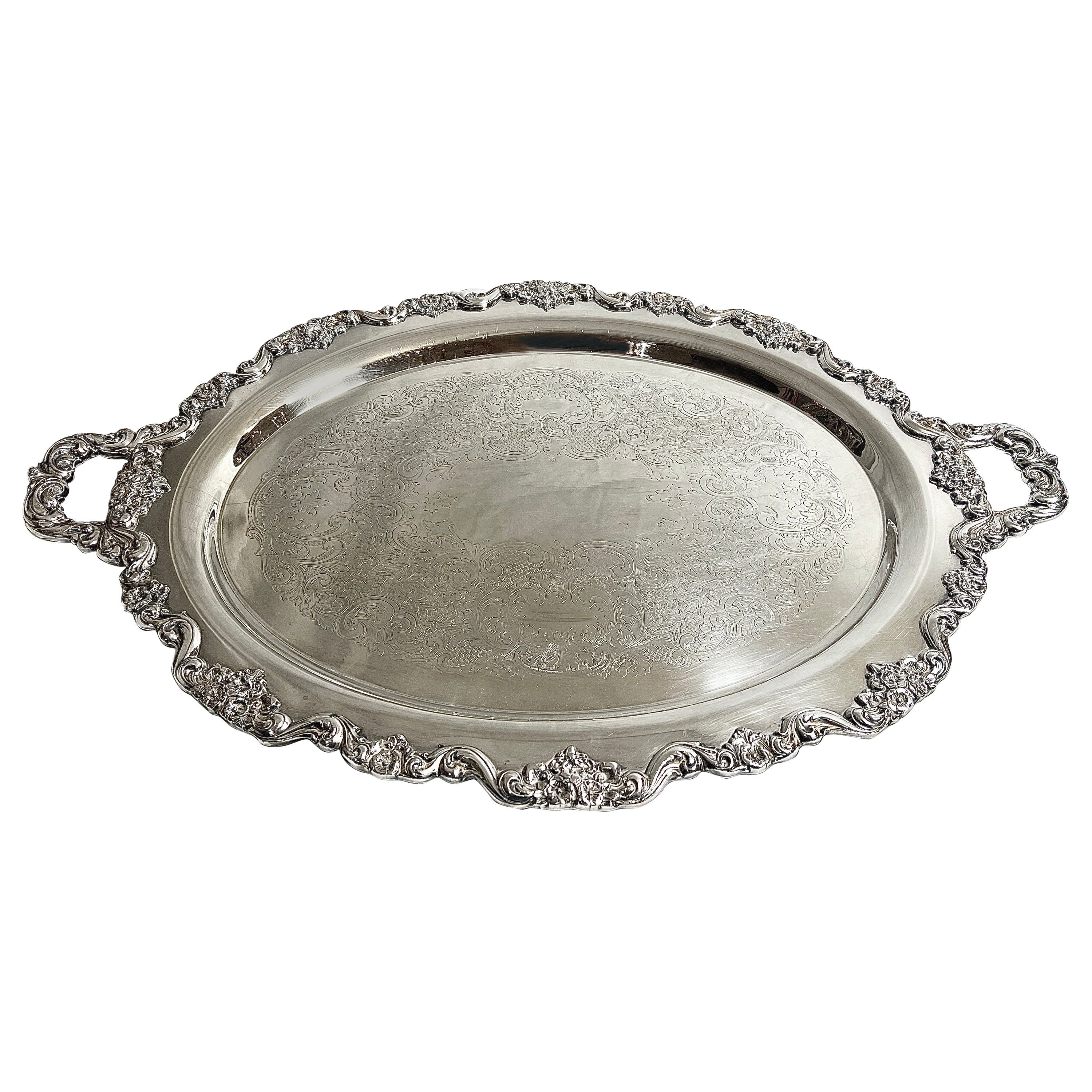 Antique English Engraved Sheffield Tray with Rolled Edges, Circa 1890. For Sale