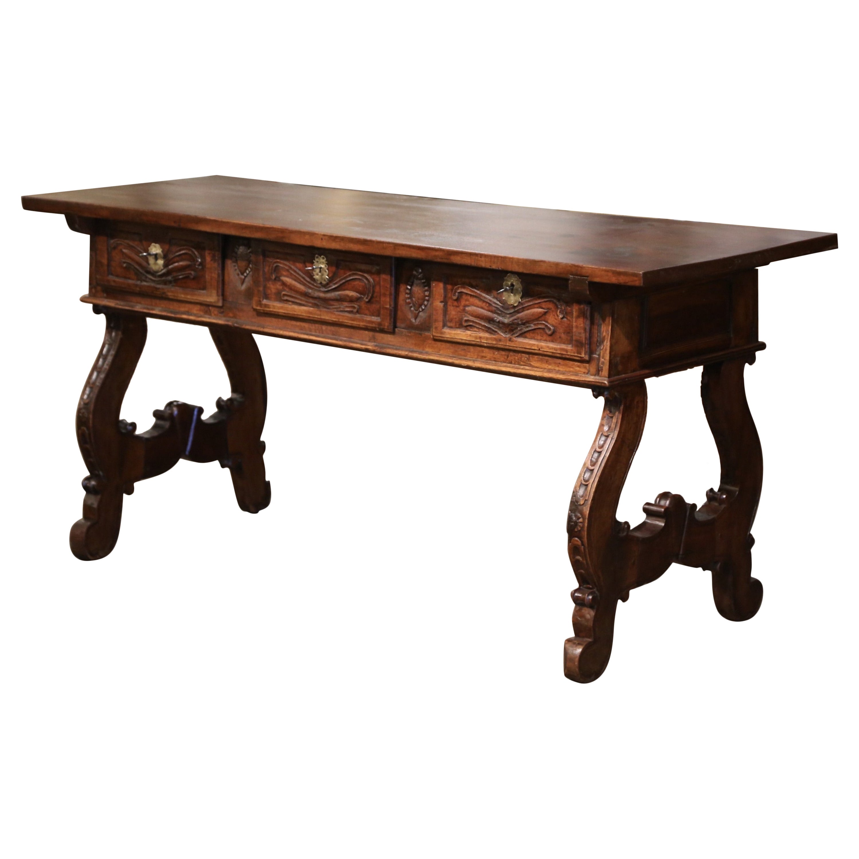 18th Century Spanish Carved Walnut Single Plank Top Three-Drawer Console Table For Sale