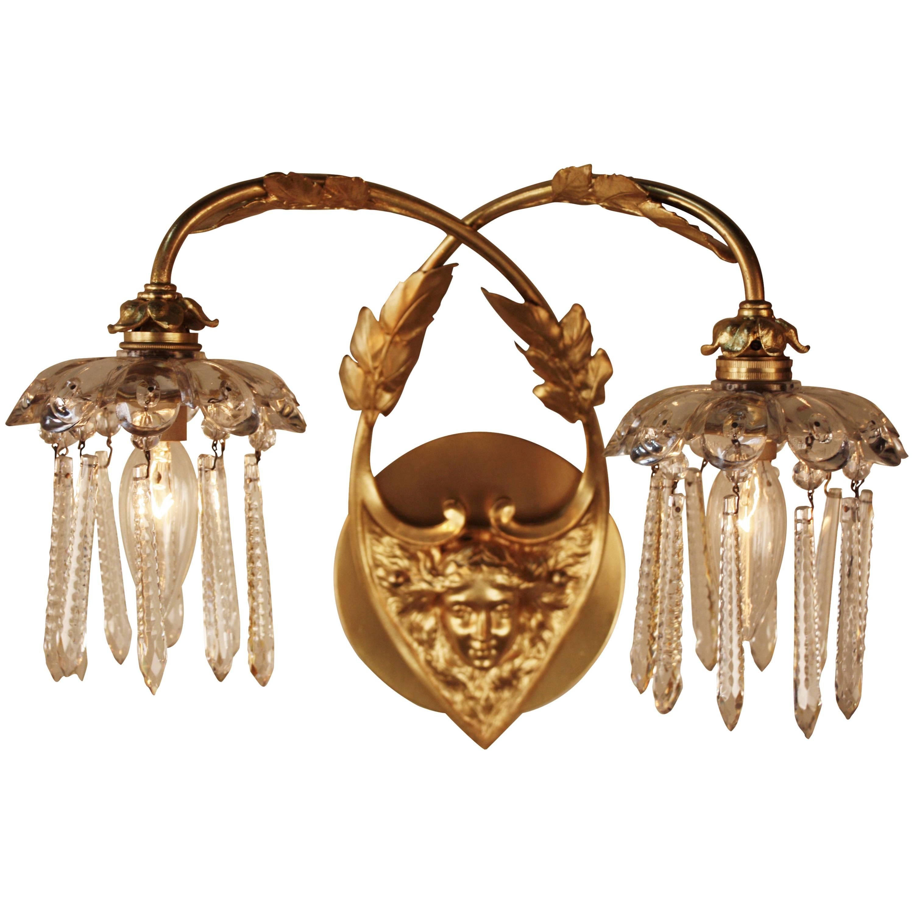 Pair of Art Nouveau Bronze and Crystal Wall Sconces by Greiner