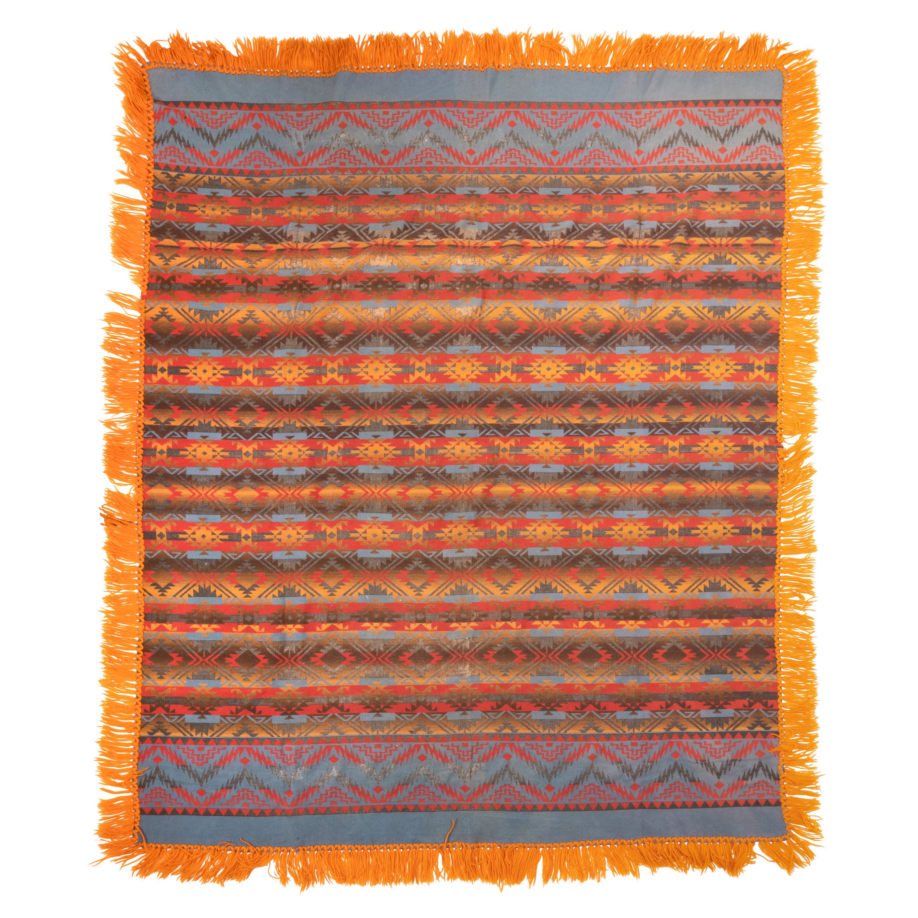 Fringed Cotton Beacon Blanket, circa 1920 For Sale