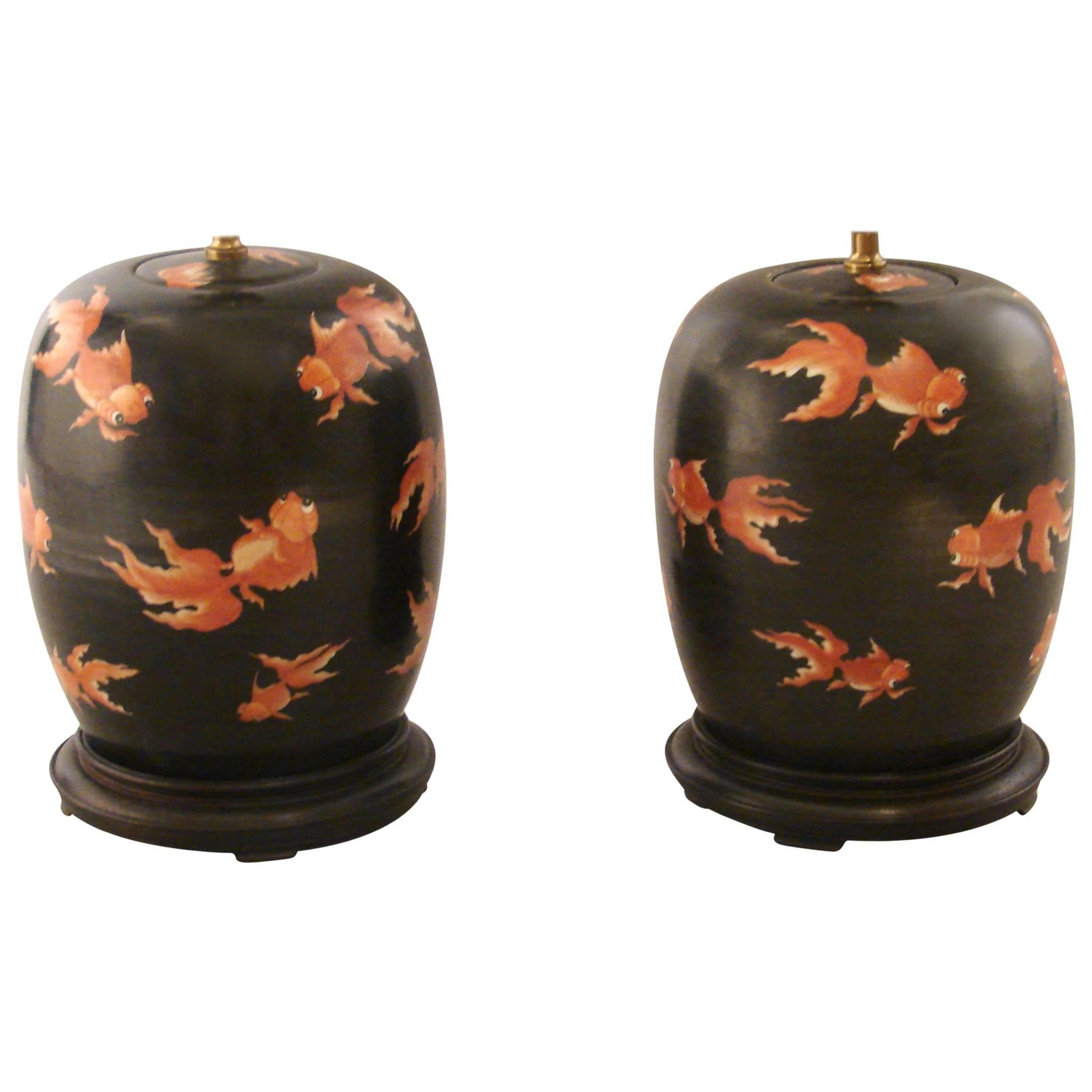 Pair of Chinese Coi Decorated Ginger Jars Now as Lamps
