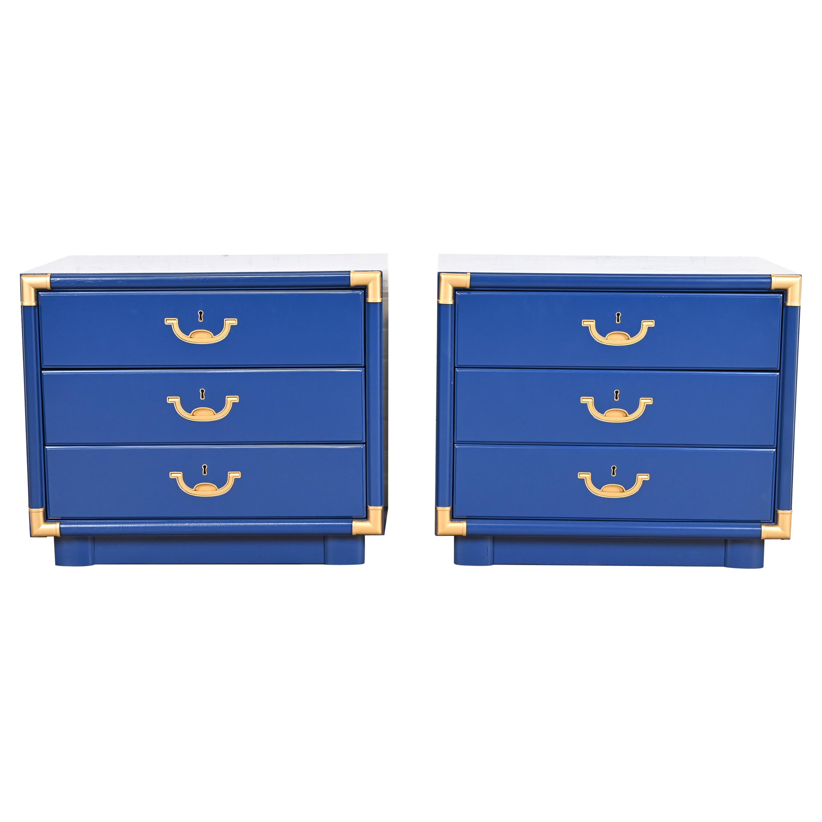 Drexel Mid-Century Modern Campaign Blue Lacquered Nightstands, Newly Refinished