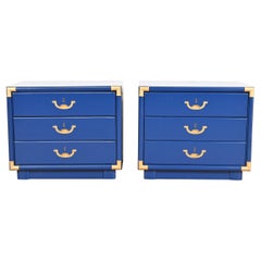 Drexel Mid-Century Modern Campaign Blue Lacquered Nightstands, Newly Refinished