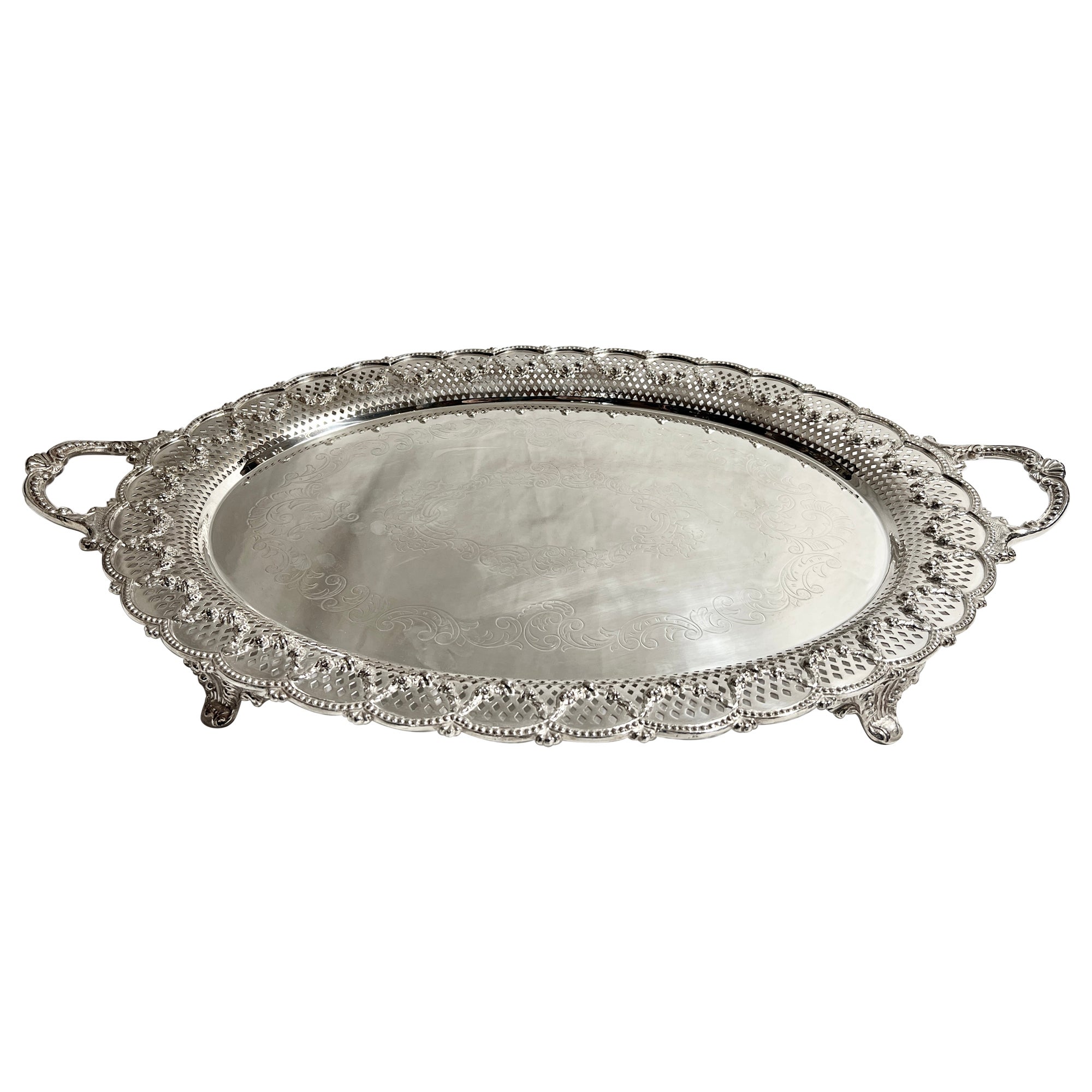 Ancien plateau ajouré anglais Sheffield Silver Footed Openwork, vers 1890.