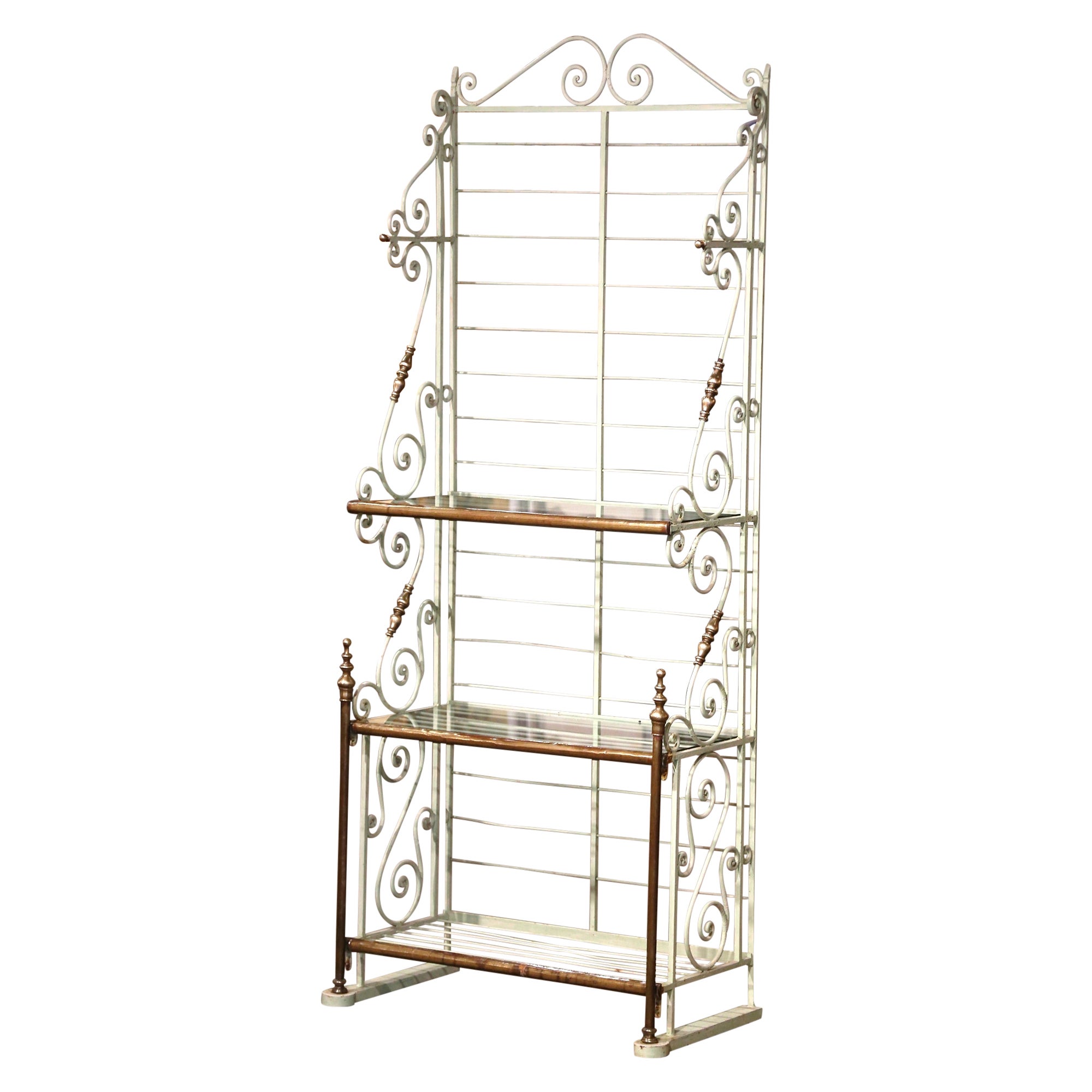 Early 20th Century French Painted Iron Bronze & Brass Three-Shelf Baker's Rack  For Sale