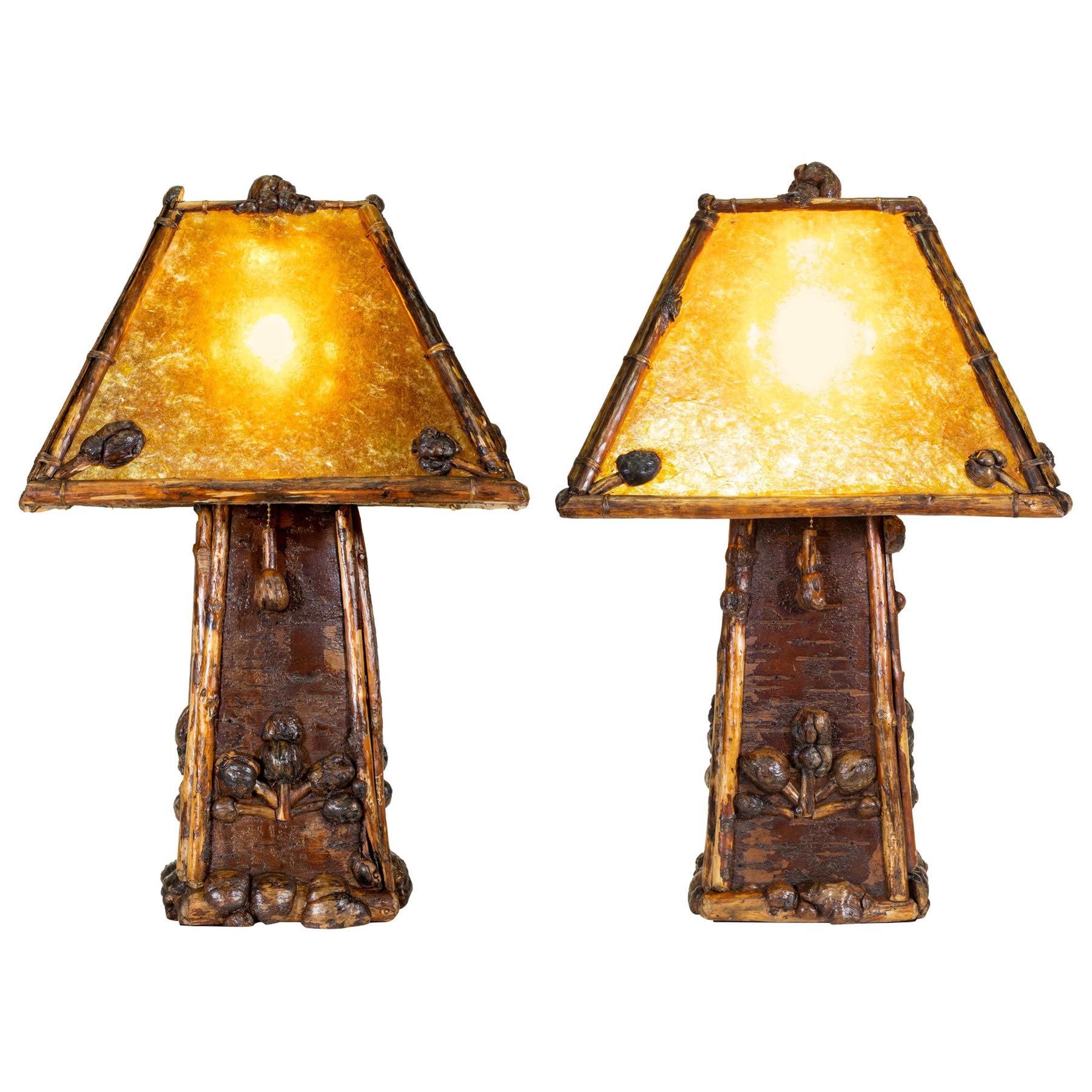 Cisco's Burl Table Lamps with "Mica" Stick Shades For Sale
