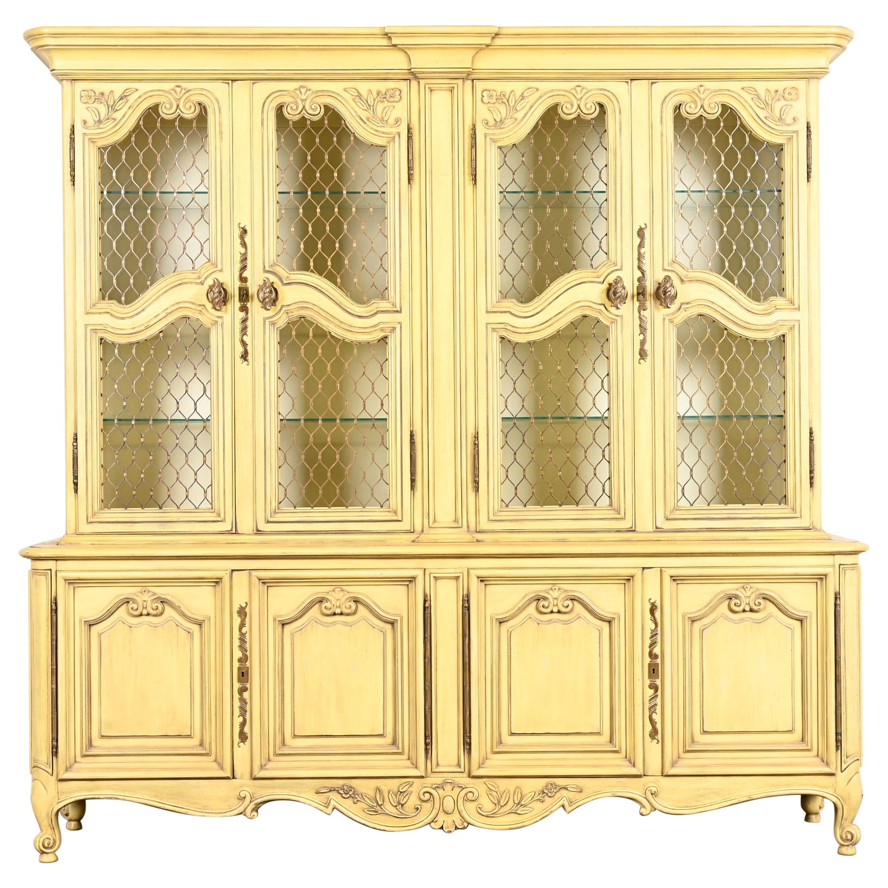 Karges French Provincial Louis XV Cream Lacquered Breakfront Bookcase Cabinet For Sale