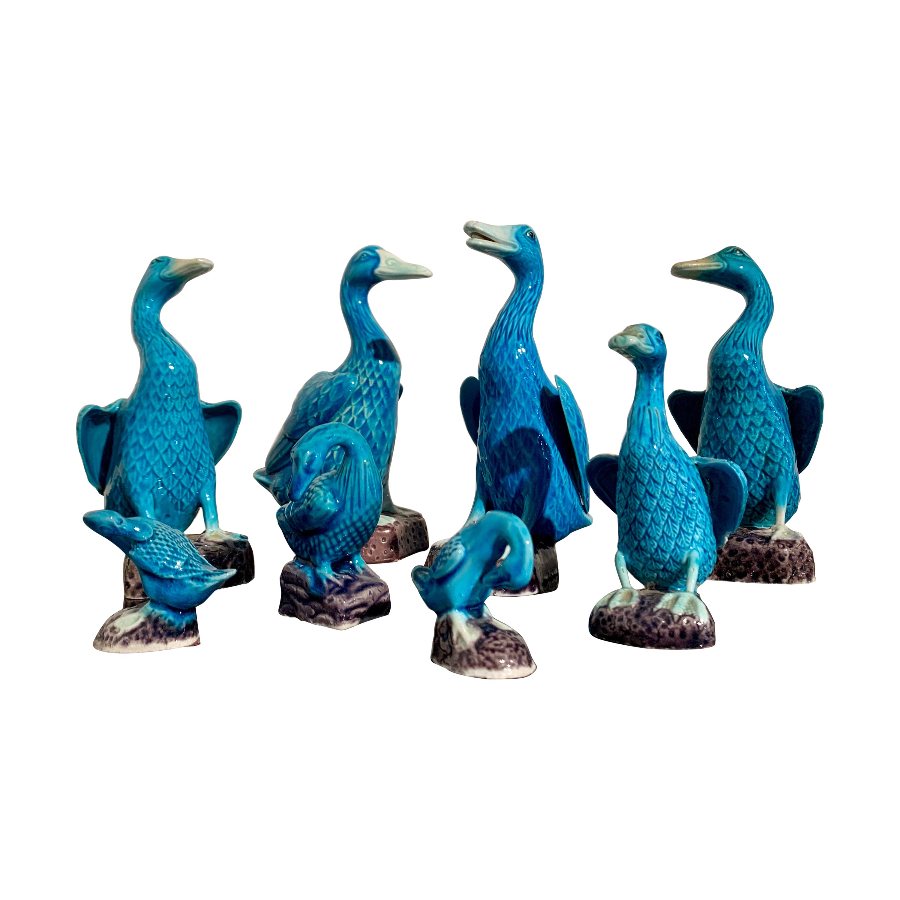 Chinese Export Turquoise Glazed Ducks, Flock of 8, 1970's, China and Hong Kong For Sale