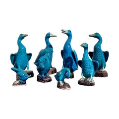 Vintage Chinese Export Turquoise Glazed Ducks, Flock of 8, 1970's, China and Hong Kong