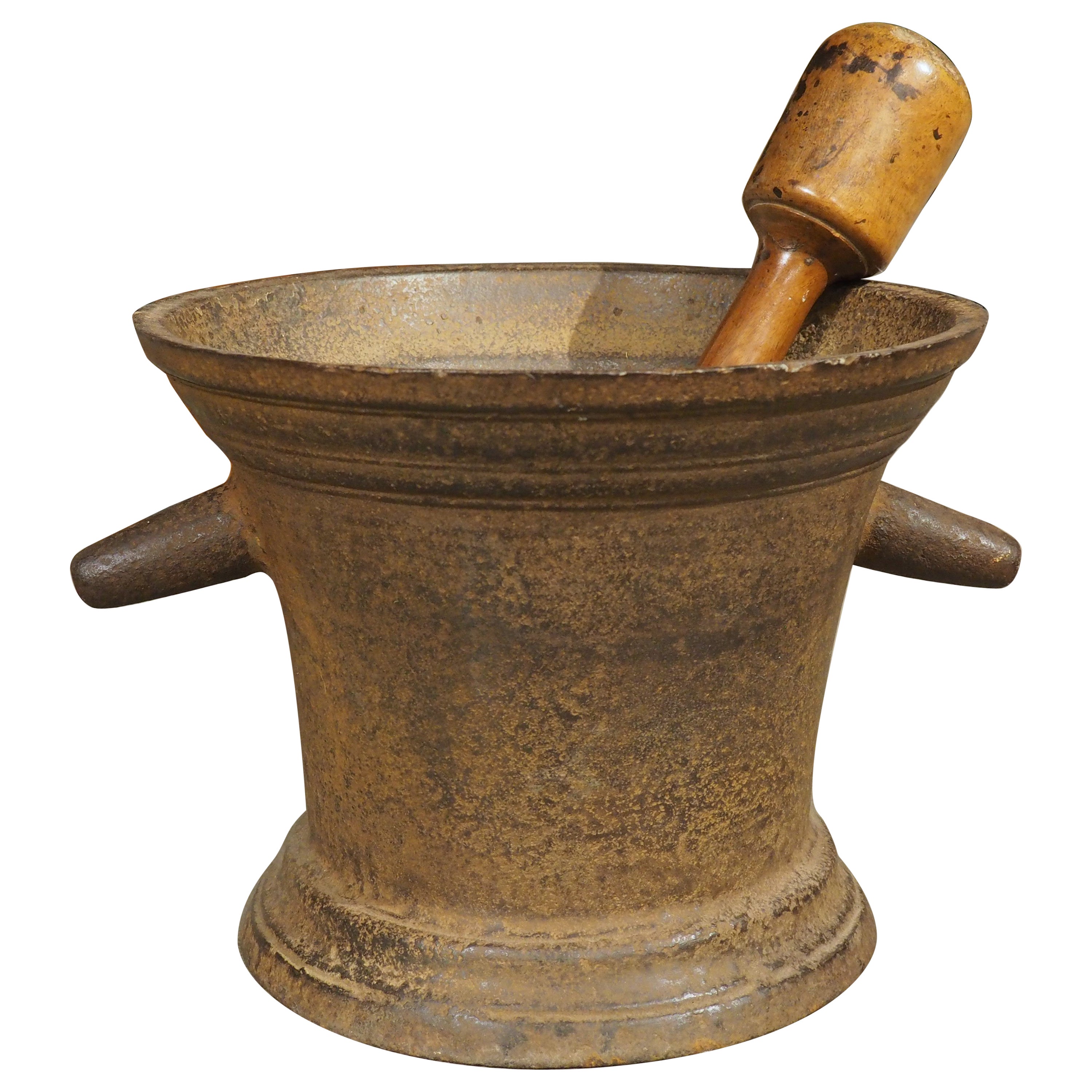 Large French Antique Cast iron Mortar with Pestle, Circa 1800 For Sale