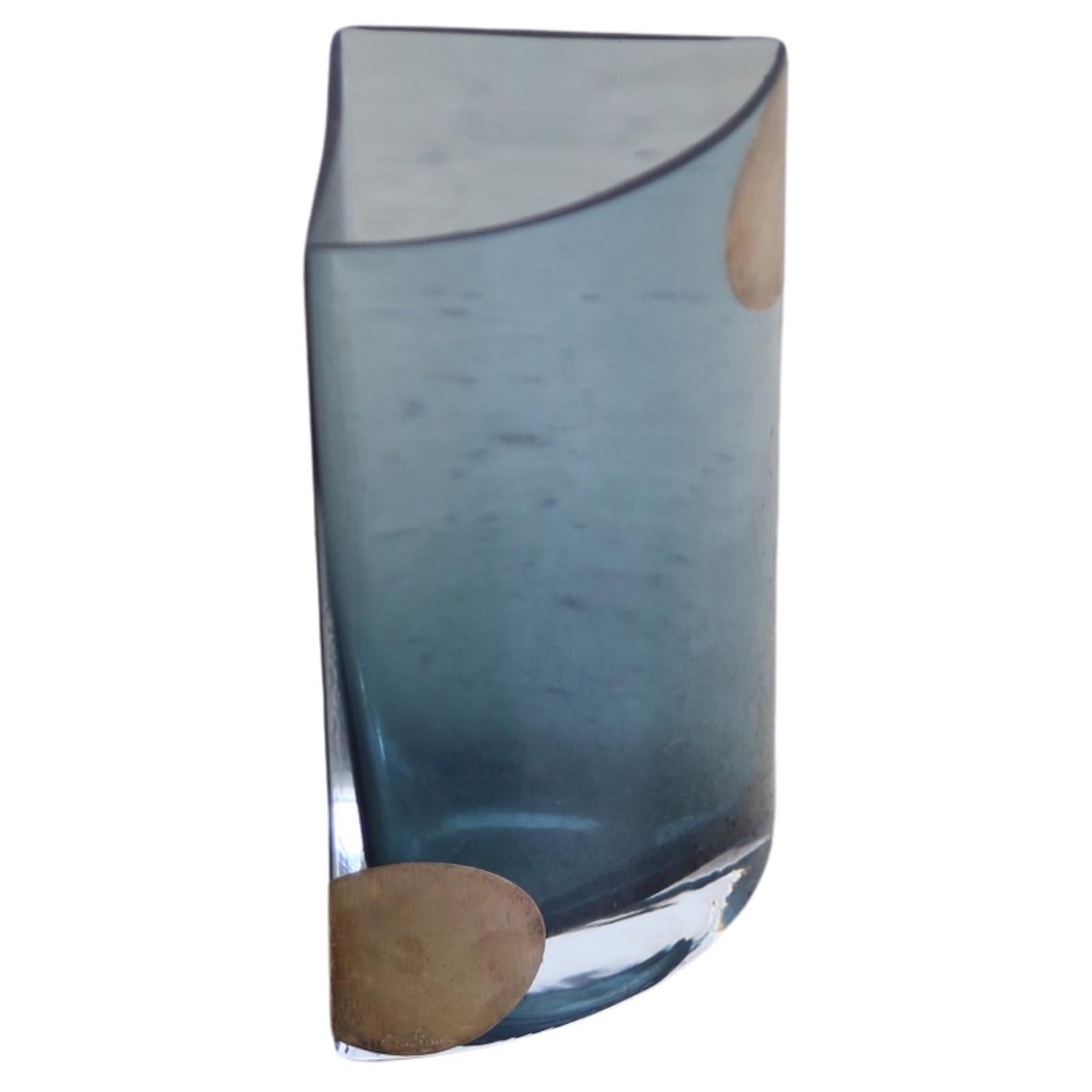Mid Century Modern Blue Smoked Glass & Silver Plates Vase