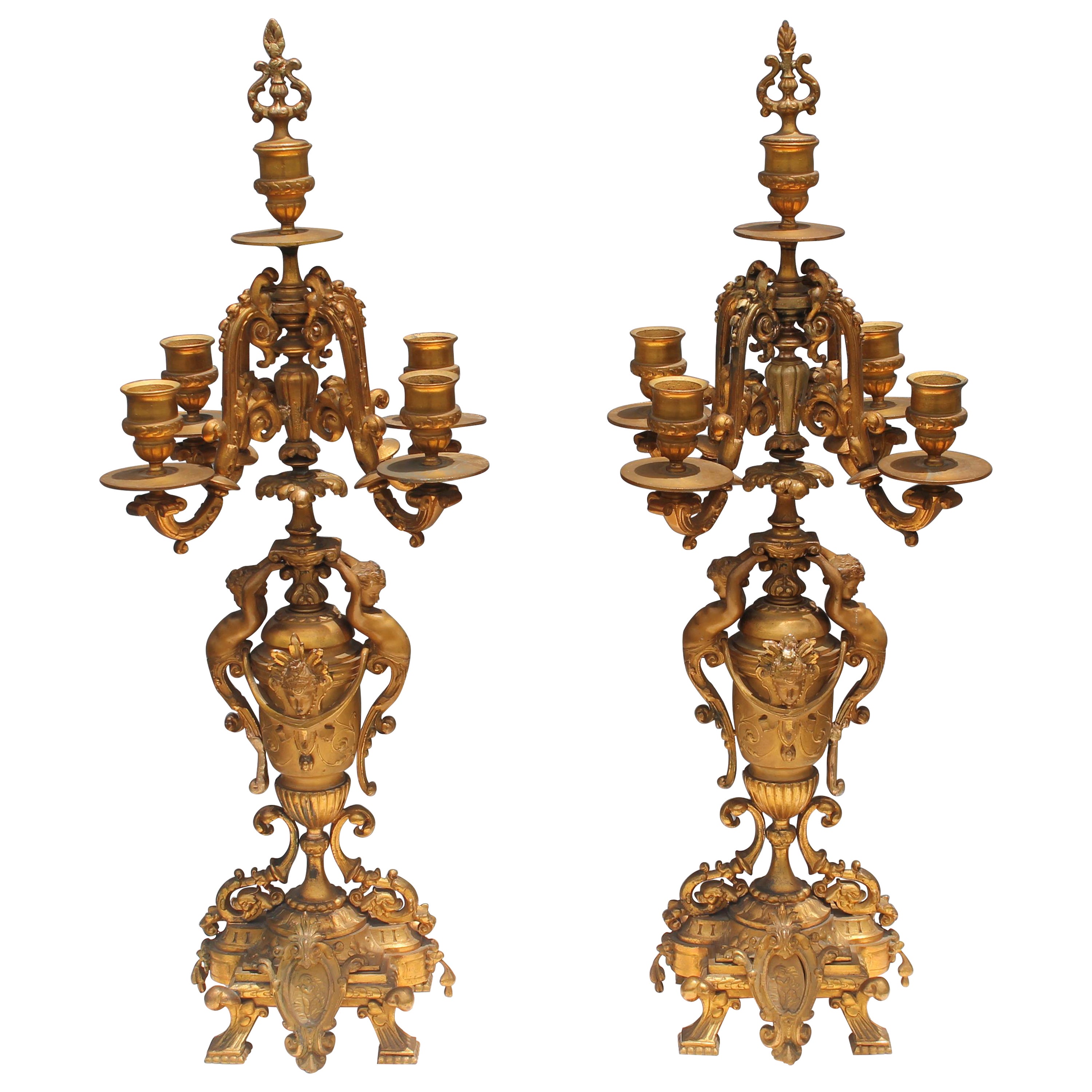 Pair 19thc French Grand Louis XVI Gilt/ Gold Spelter Cherub Candelabras For Sale