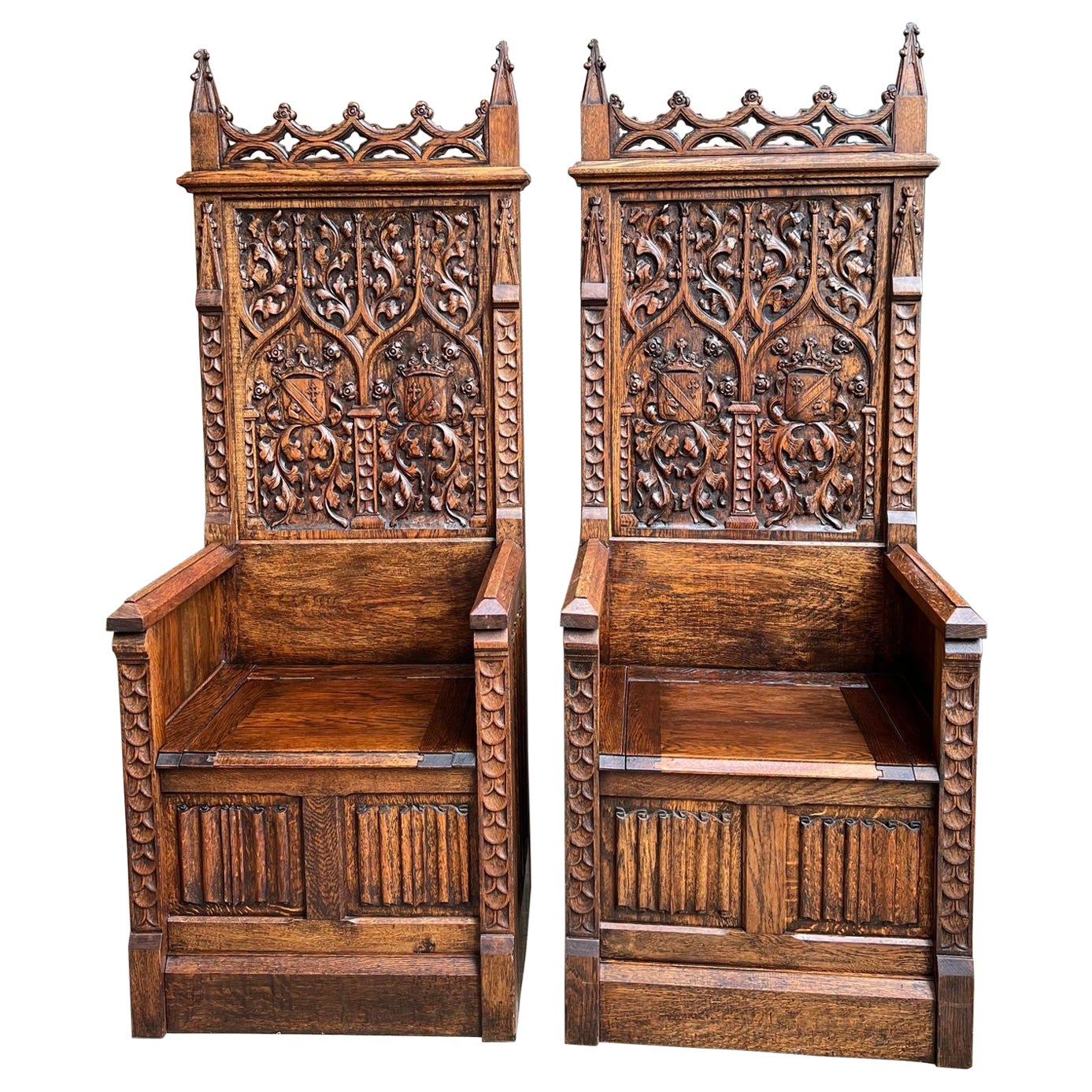 PAIR SET Antique French Hall Bench Gothic Revival Throne Altar Chairs Carved Oak For Sale