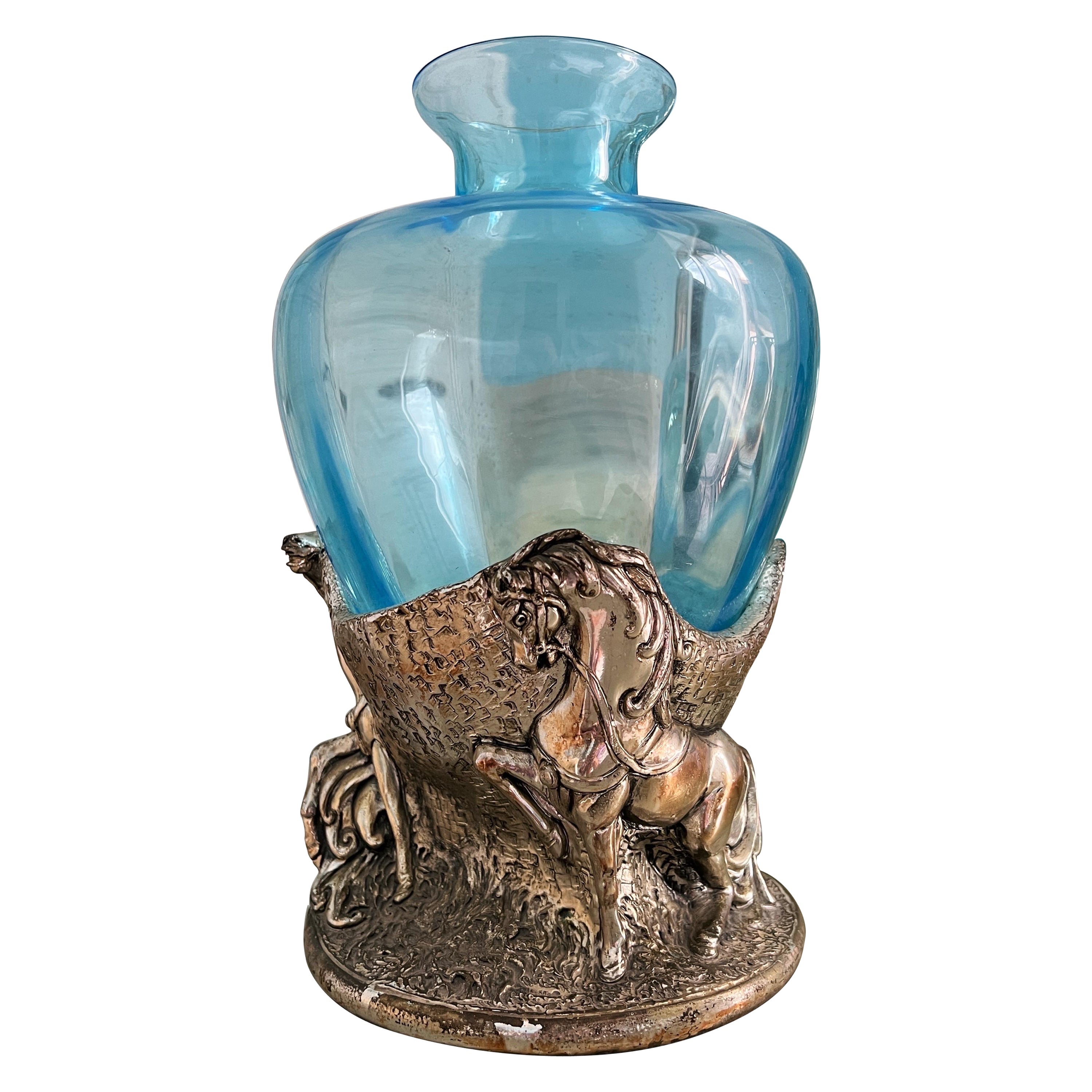 Mid-century modern Murano glass vase adorned with an sculpture featuring horses For Sale