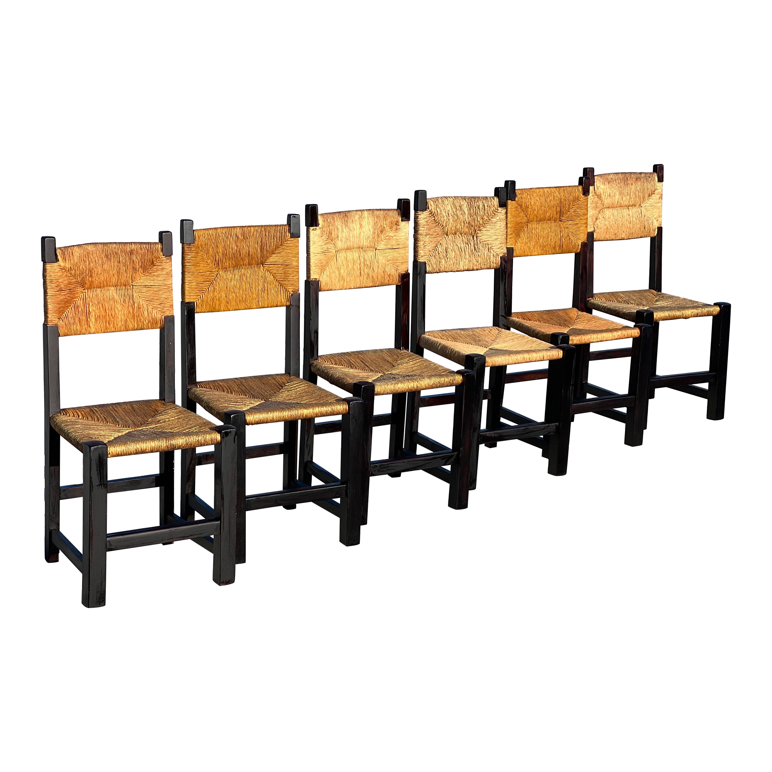 Set of 6 Chairs in Oak and Straw 1960 in Charlotte Perriand Style