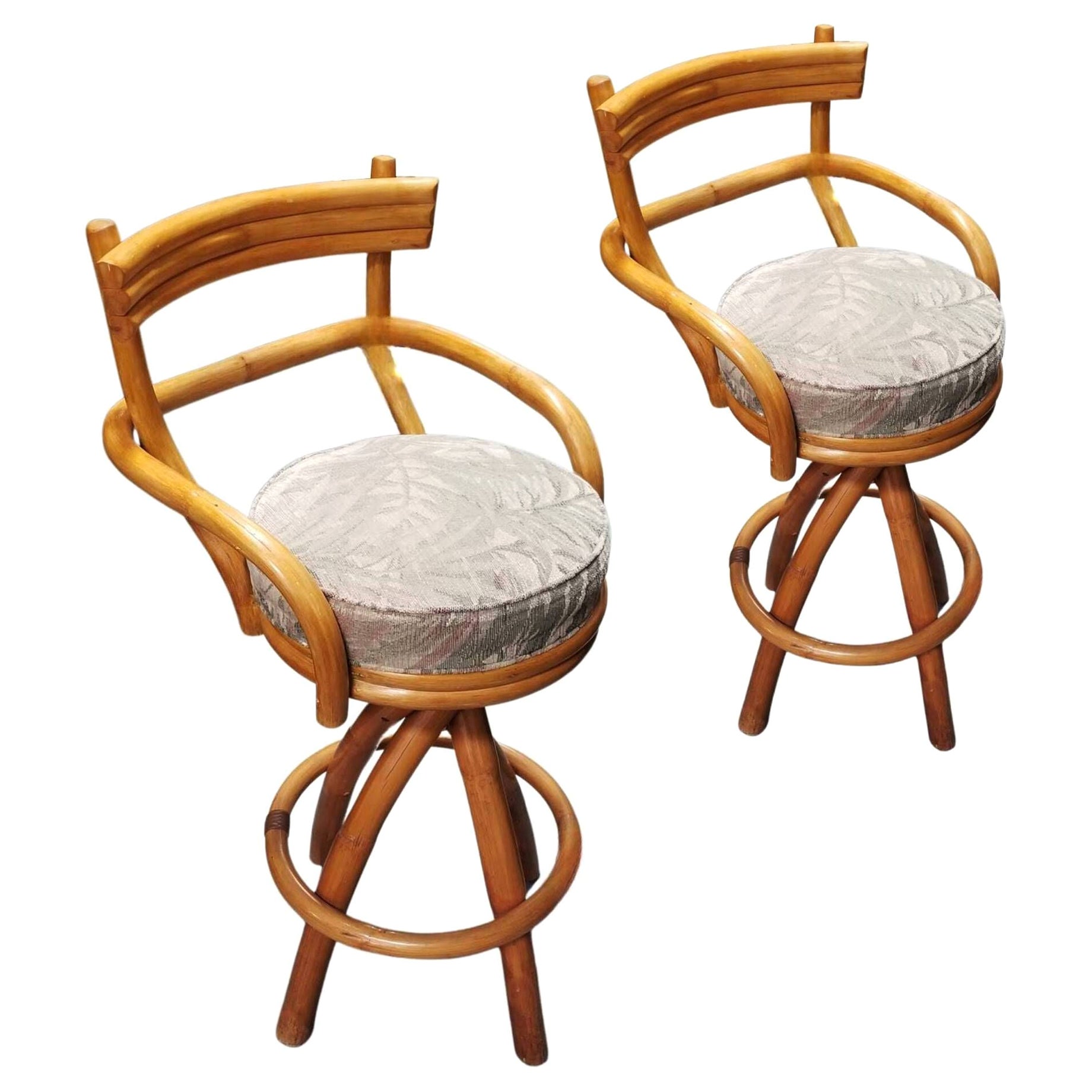 Restored Rattan Pair of Two Stacked Back Bar stools w/ Botanical Fabric Seats For Sale