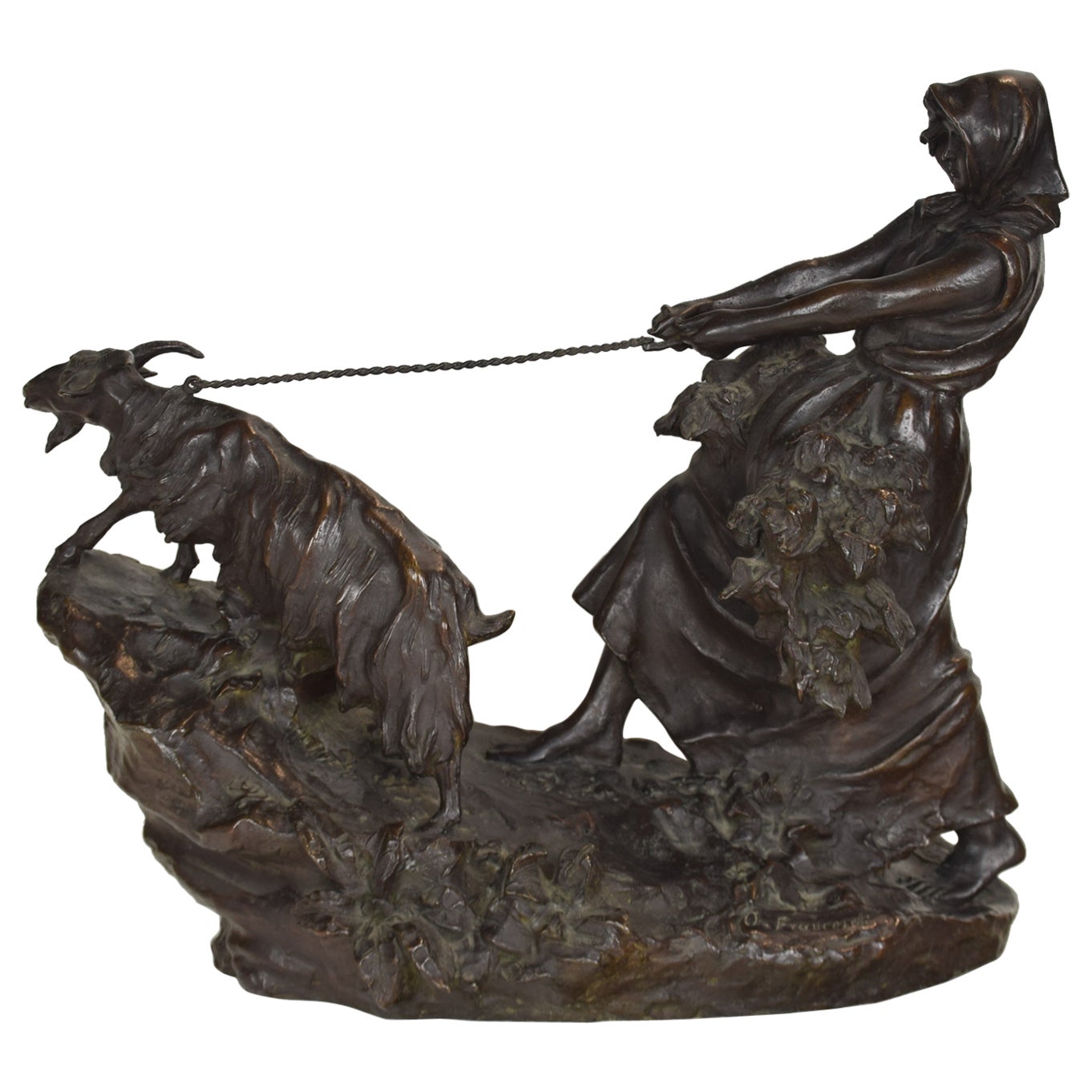 Maiden with Goat by Odo Franceschi (1879-1958) bronze, Florence, Italy For Sale