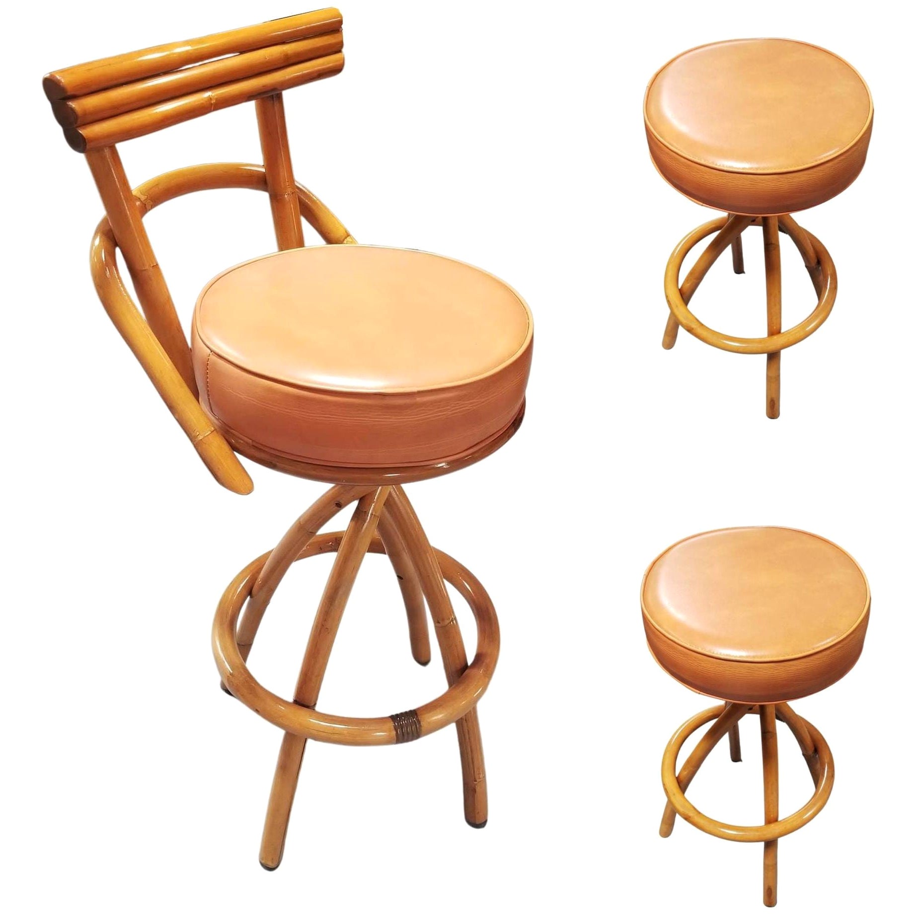 Tabouret de bar orange à pieds en spirale en rotin restauré Ensemble de trois tabourets avec sièges pivotants