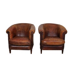 Vintage Dutch Cognac Colored Leather Club Chair, Set of 2