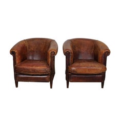 Vintage Dutch Cognac Colored Leather Club Chair, Set of 2