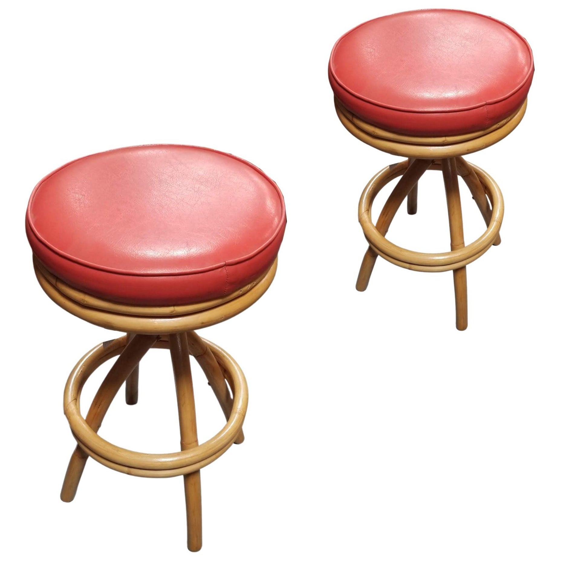 Restored Rattan Spiral Leg Strand Pair of Two Single Stand Red Bar Stools For Sale