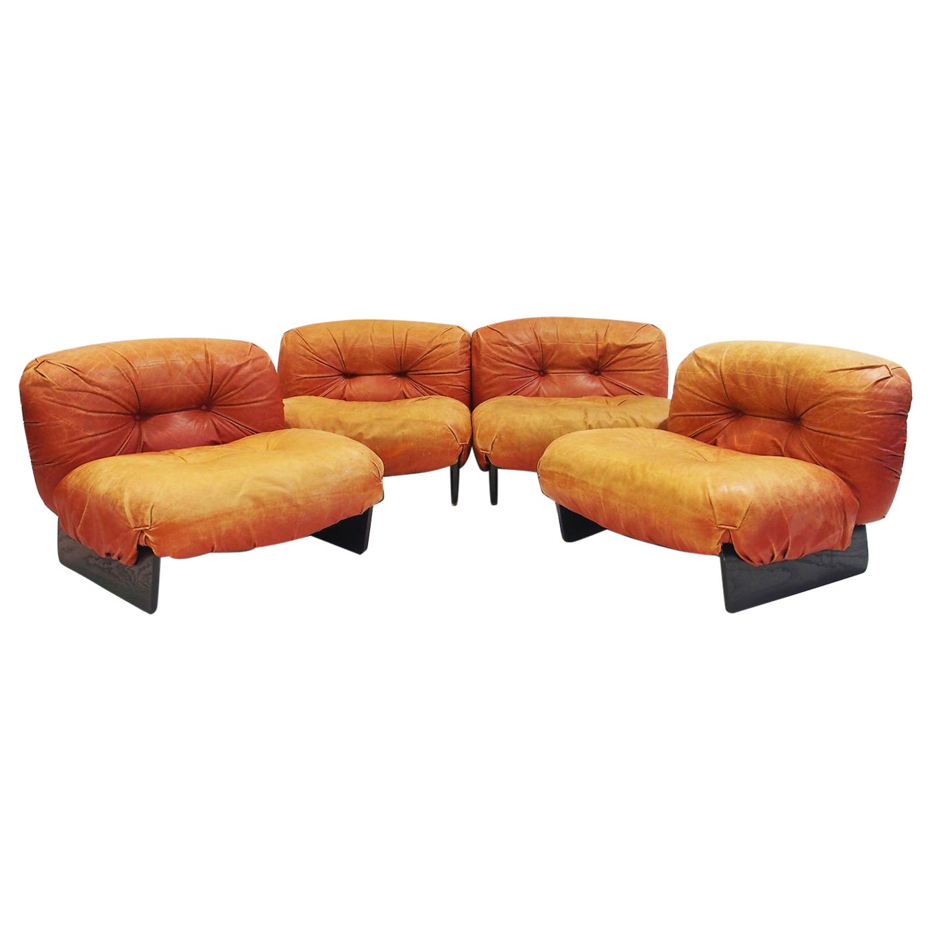 Set of Four Giuseppe Munari Modular Lounge Chairs Upholstered in Cognac Leather