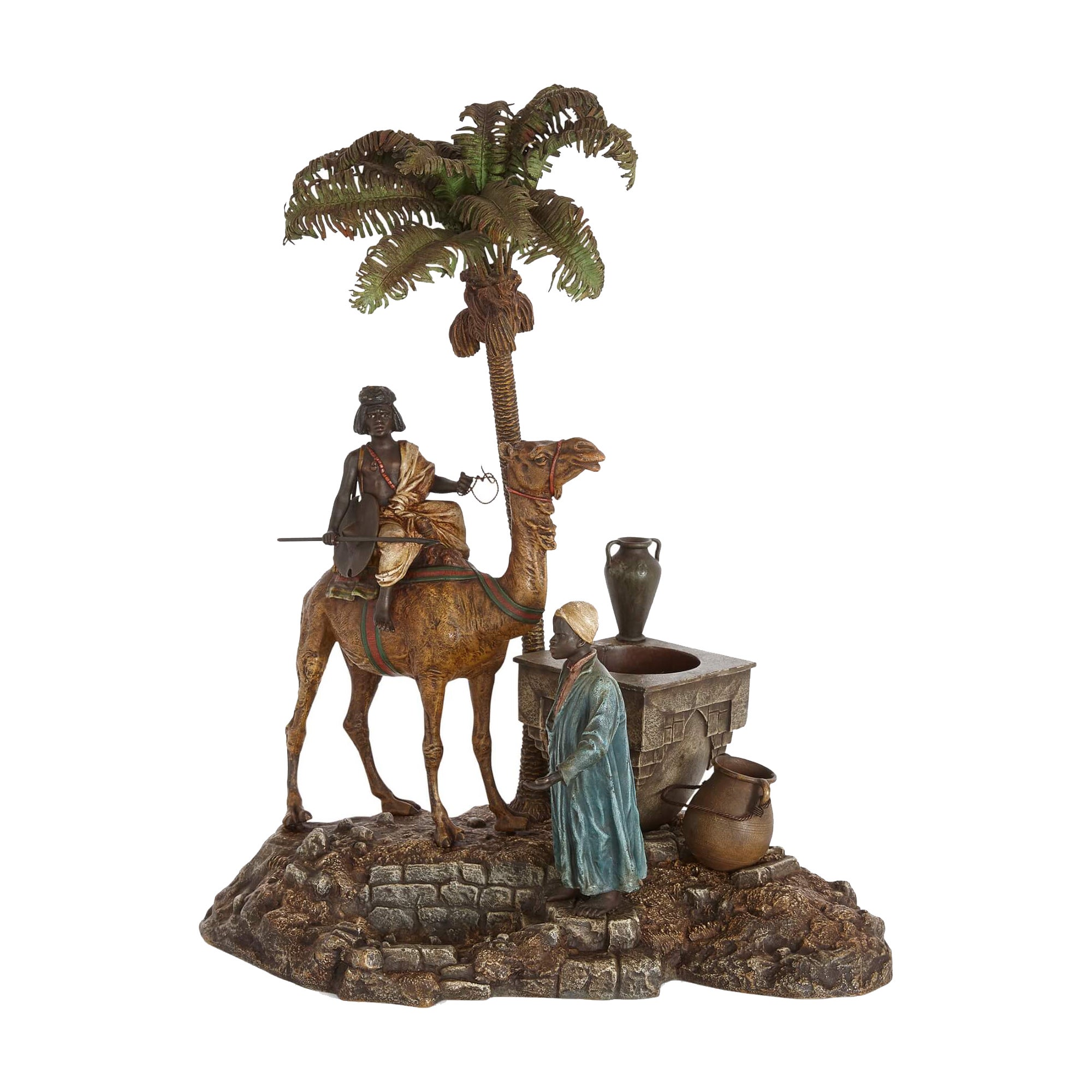 Antique Viennese Cold-Painted Bronze Sculpture with a Camel by Bergman For Sale