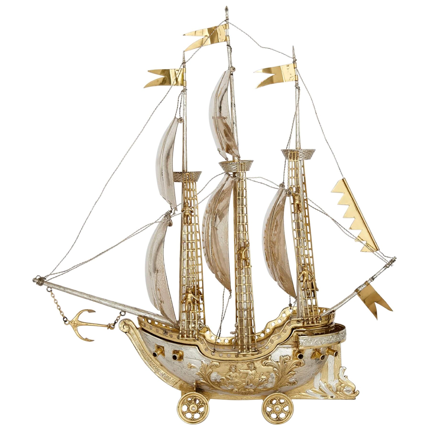 Silver and Silver Gilt Nef Sailing Ship For Sale