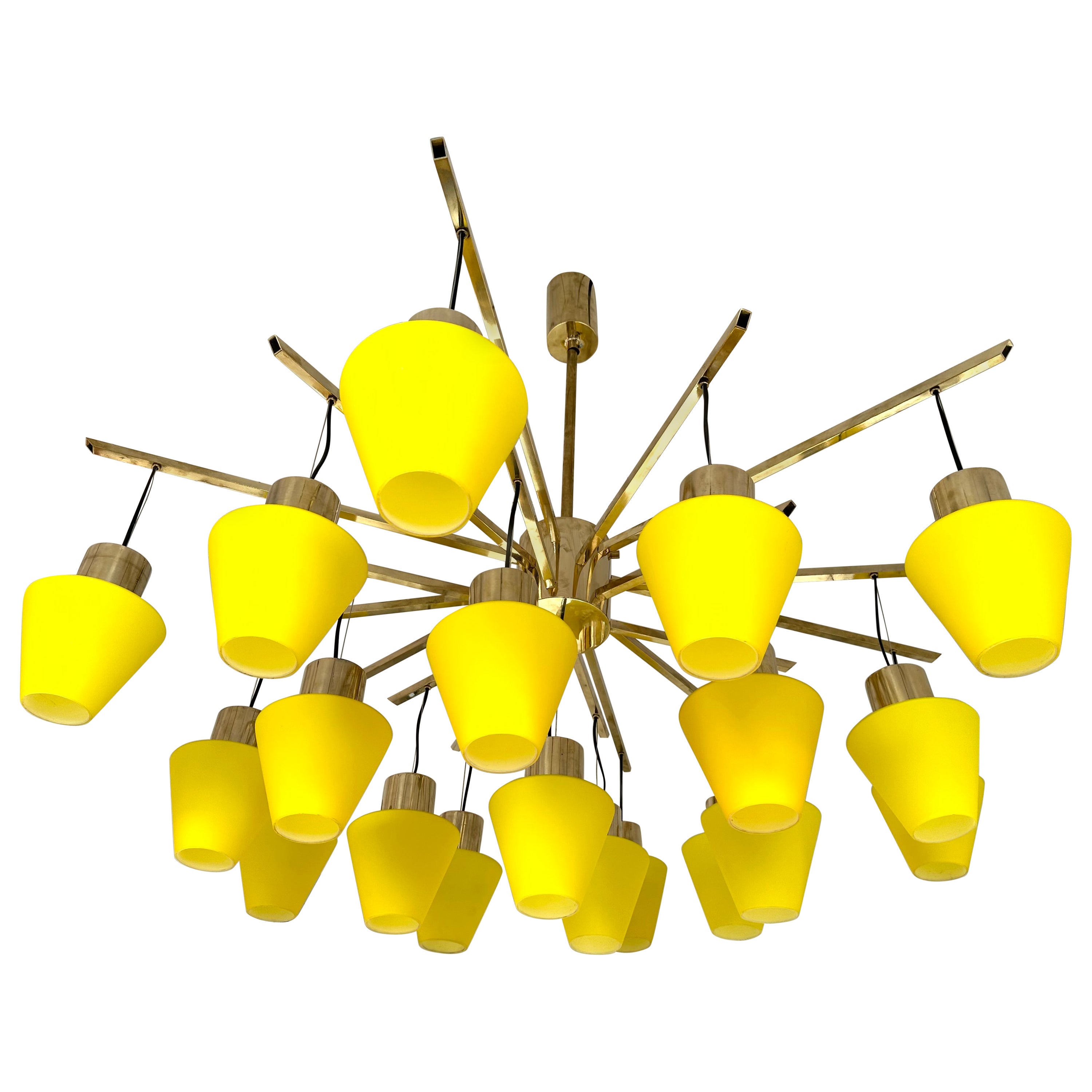 Large Contemporary Brass Chandelier Yellow Murano Glass Cup, Italy For Sale