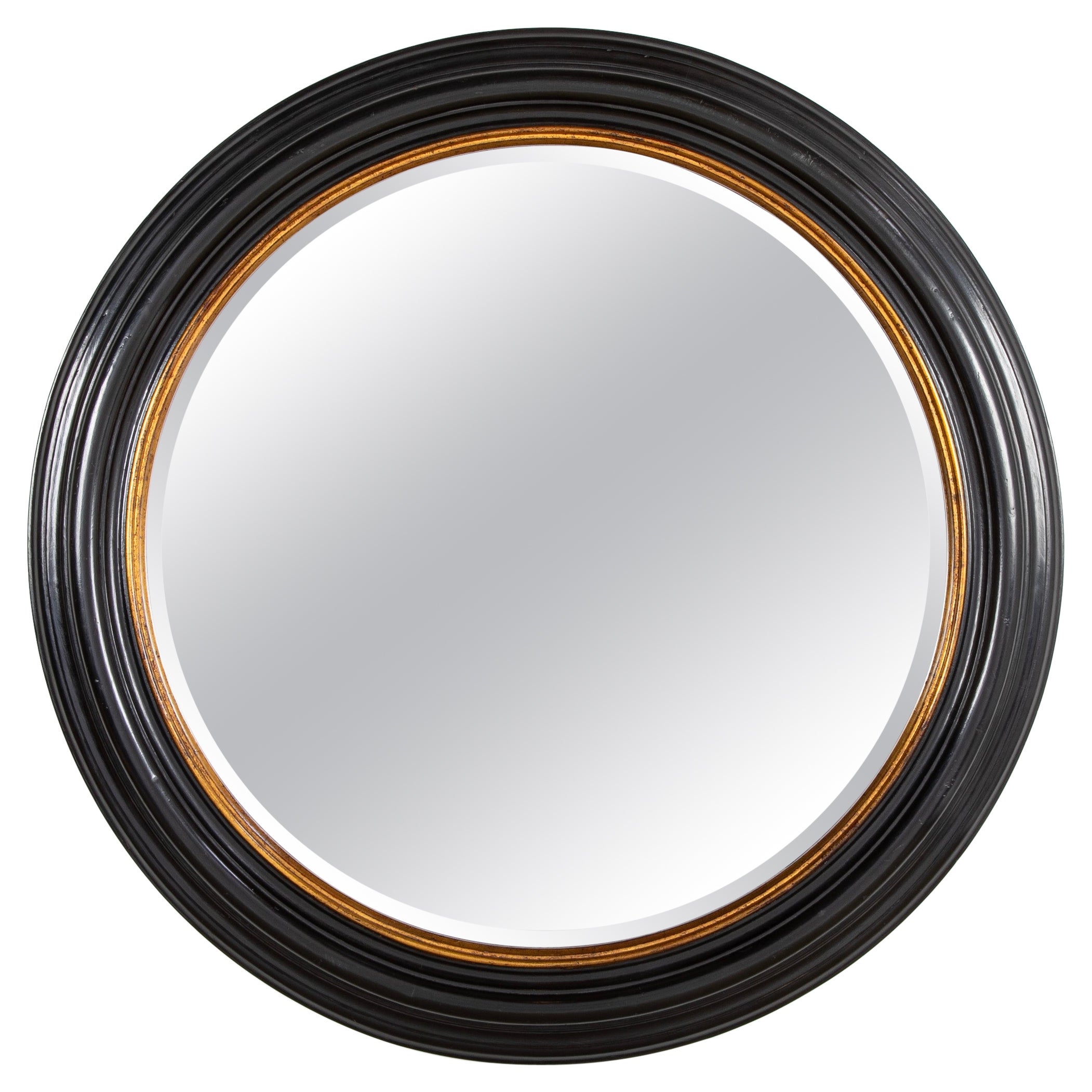 Regency Black Lacquer And Gilt Round Mirror With Beveled Glass, Large Scale For Sale