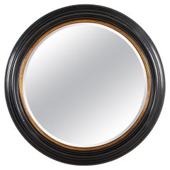 Retro Regency Black Lacquer And Gilt Round Mirror With Beveled Glass, Large Scale