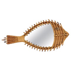 Vintage French Riviera Rattan Woven Wicker Fish Shaped Mirror, 1950s