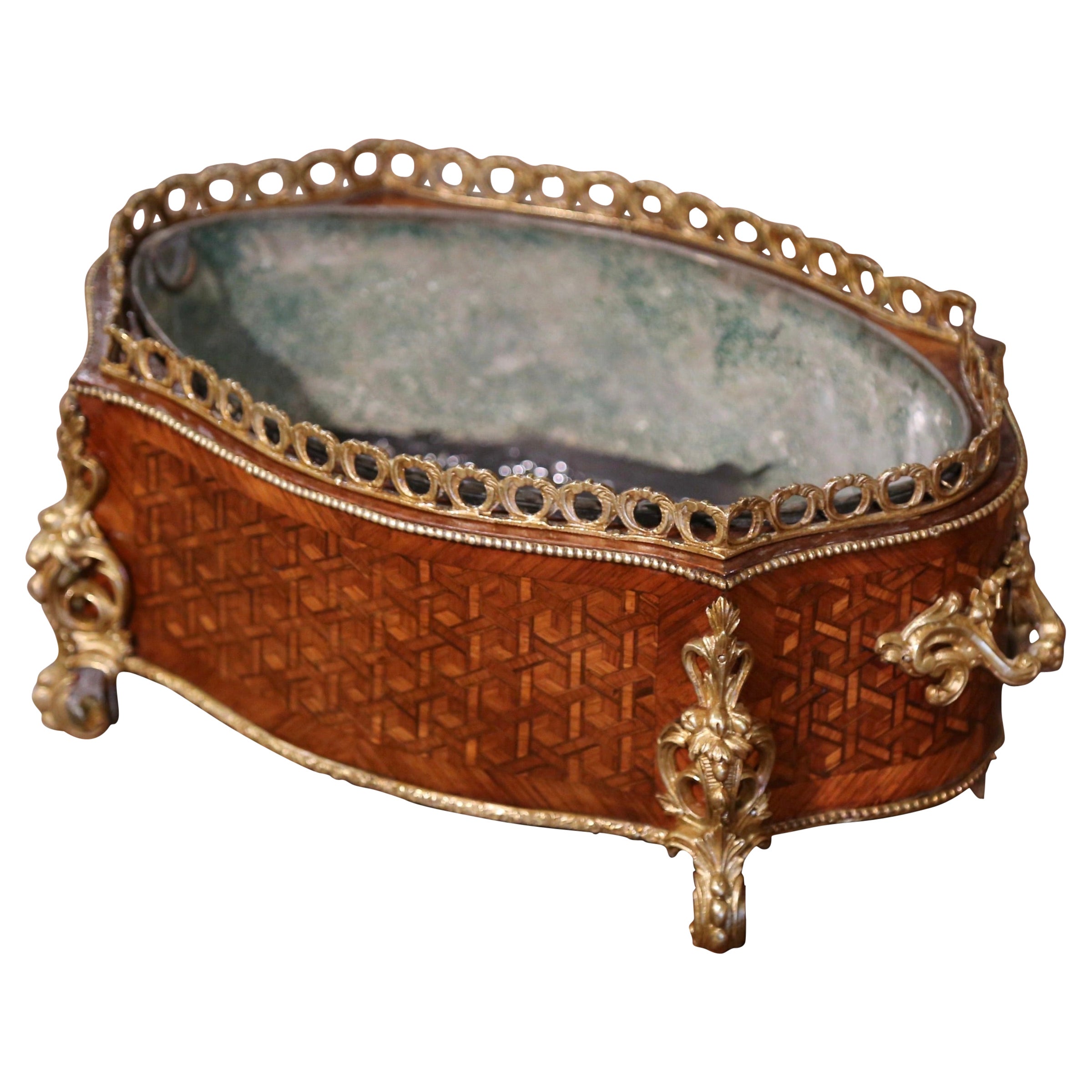 19th Century French Walnut Marquetry & Bronze Mounts Bombe Jardinière with Liner For Sale