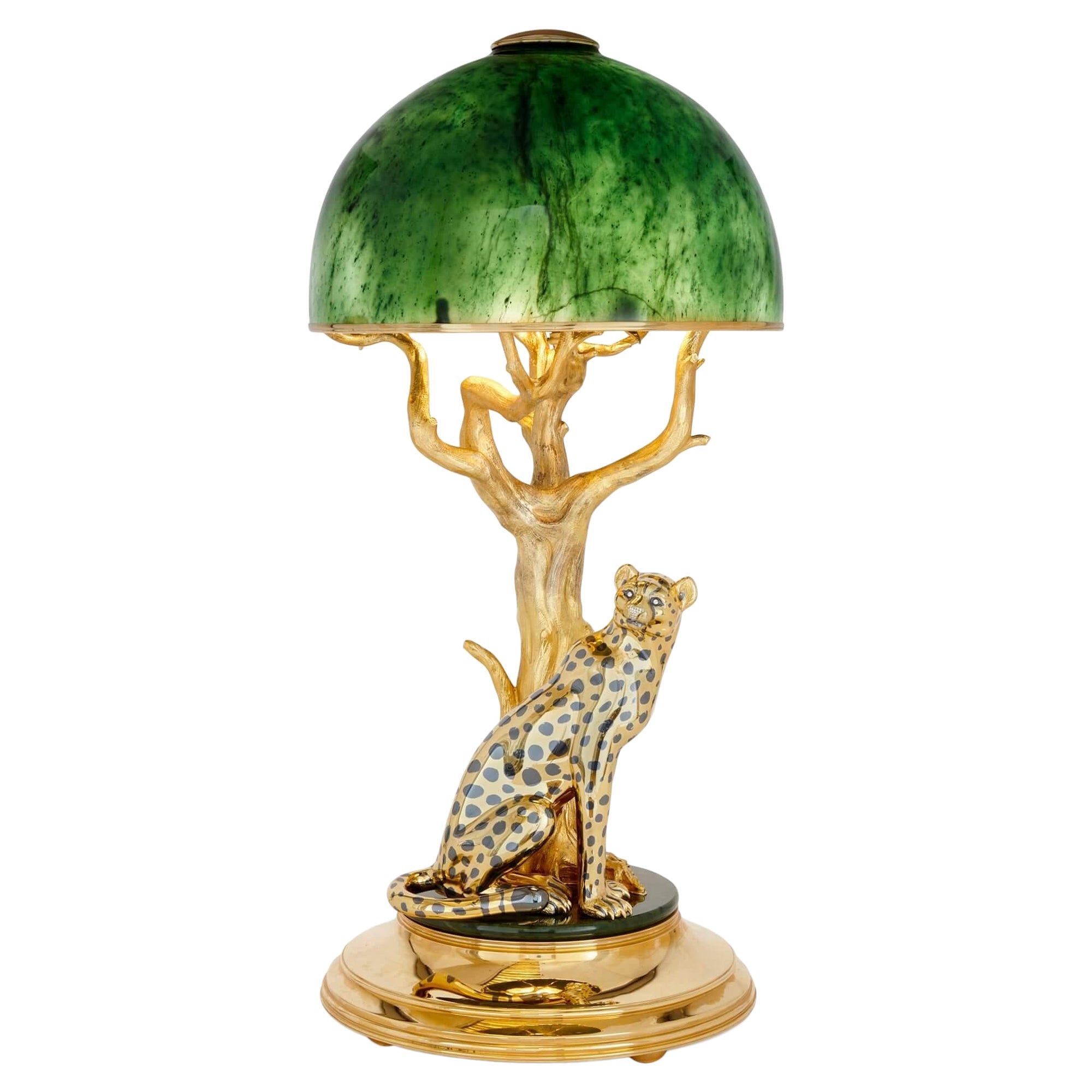 Nephrite, Diamond, Gilt Metal Lamp with a Cheetah by Asprey For Sale